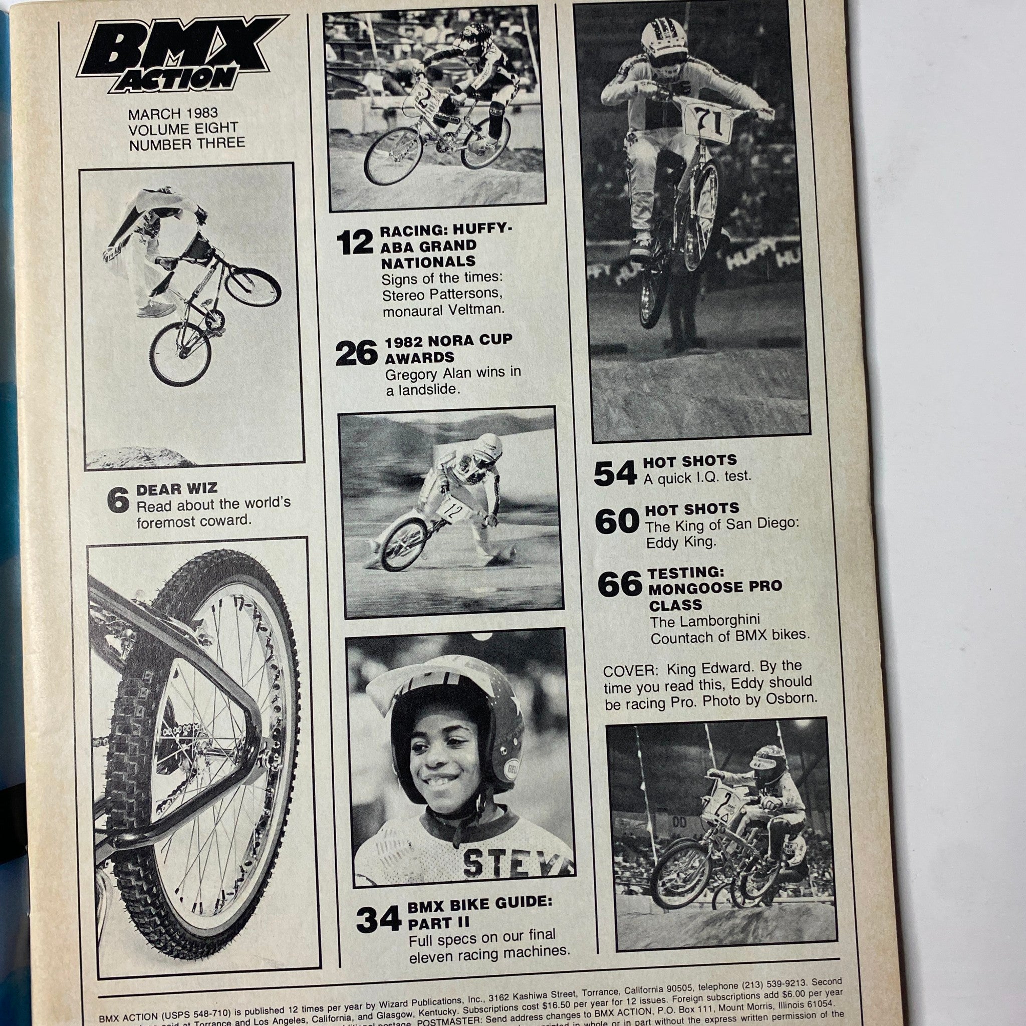 Inside page of BMX Action Magazine March 1983 featuring race summaries, including Huffy-ABA Grand Nationals and the 1982 NORA Cup Awards.