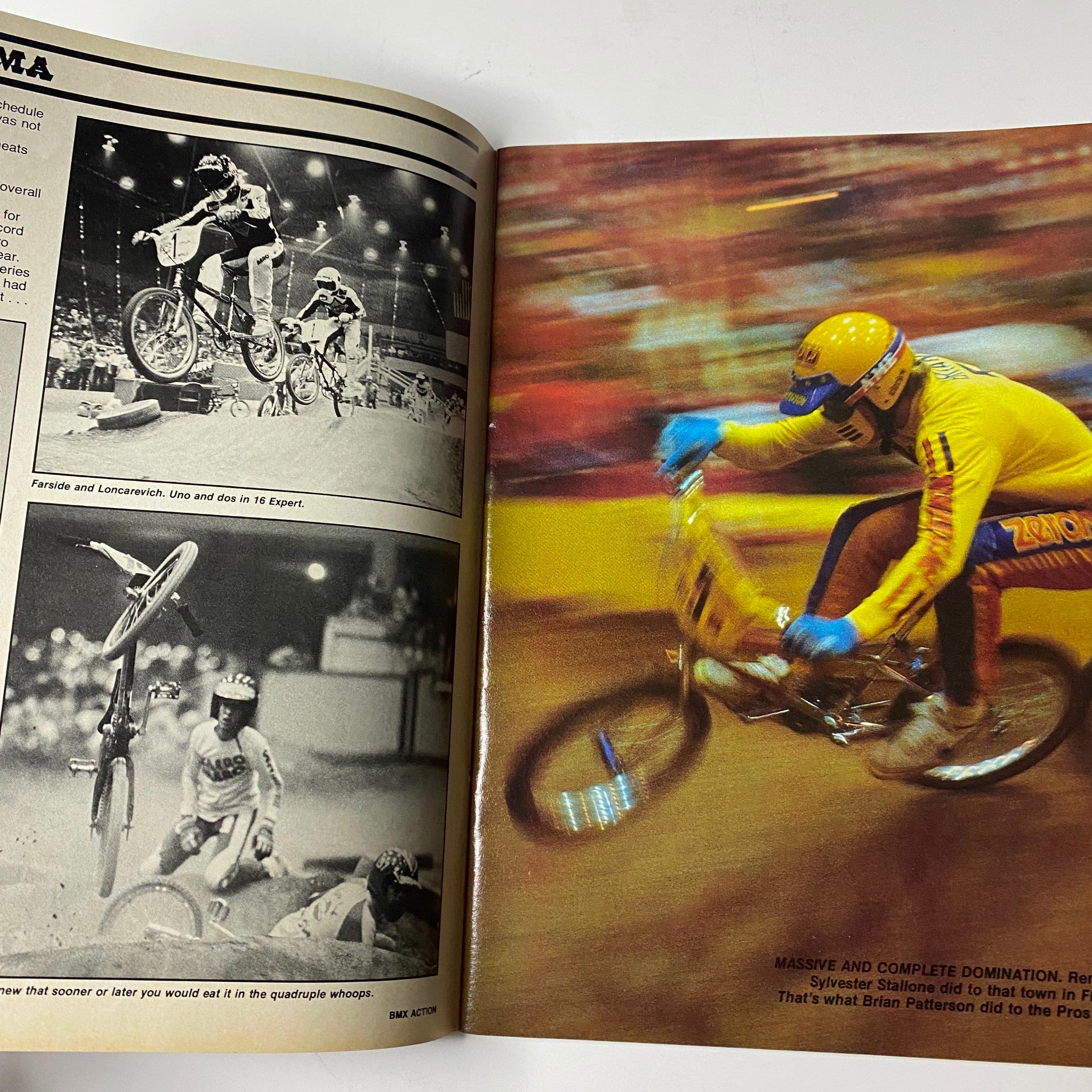 Inside spread of BMX Action Magazine March 1983 showcasing BMX racing action with images of competition and athletes, emphasizing the energy of the sport.