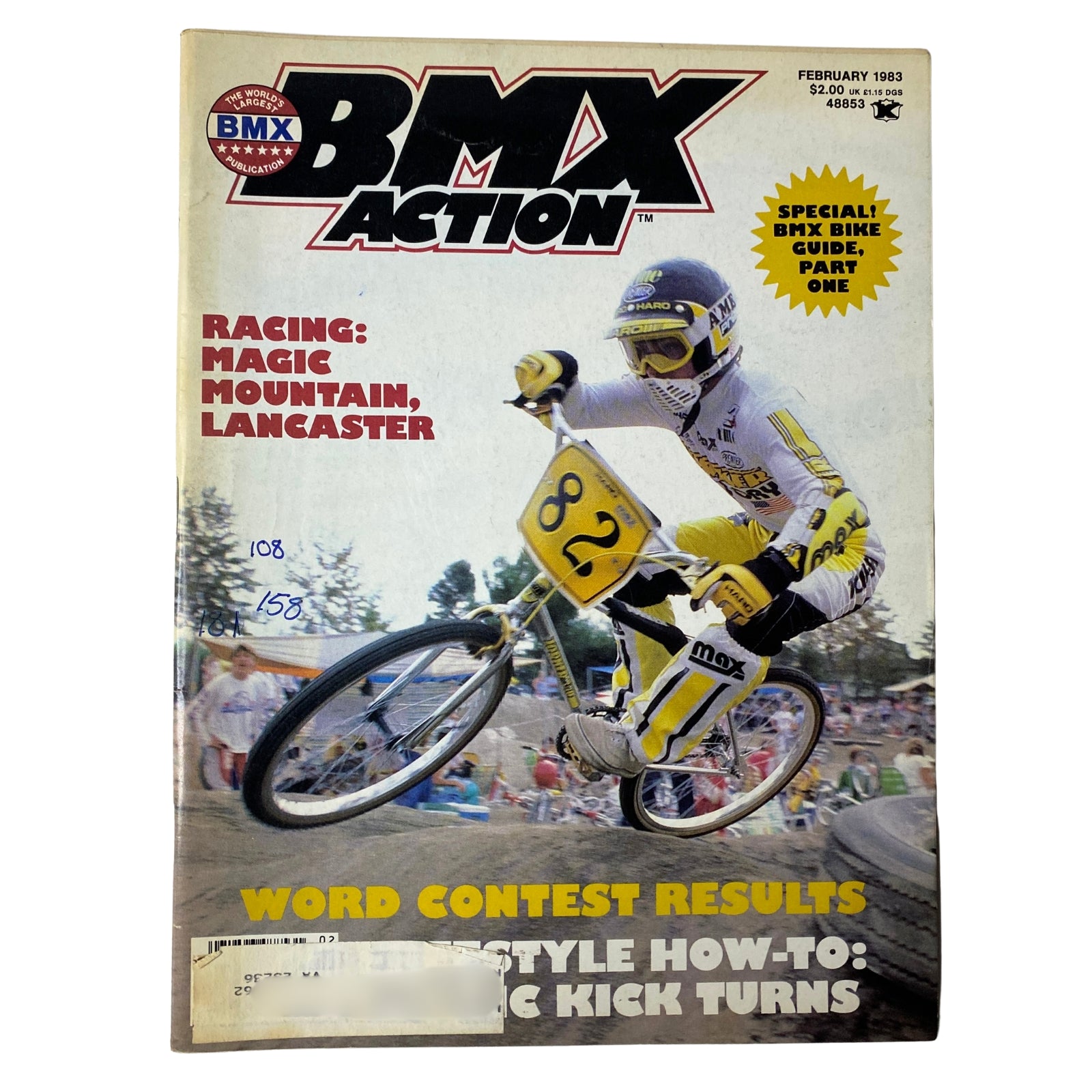 BMX Action Magazine February 1983 cover featuring 'Miller the Driller' mid-ride at Westminster Elks, Volume 8, Number 2, in very good condition.