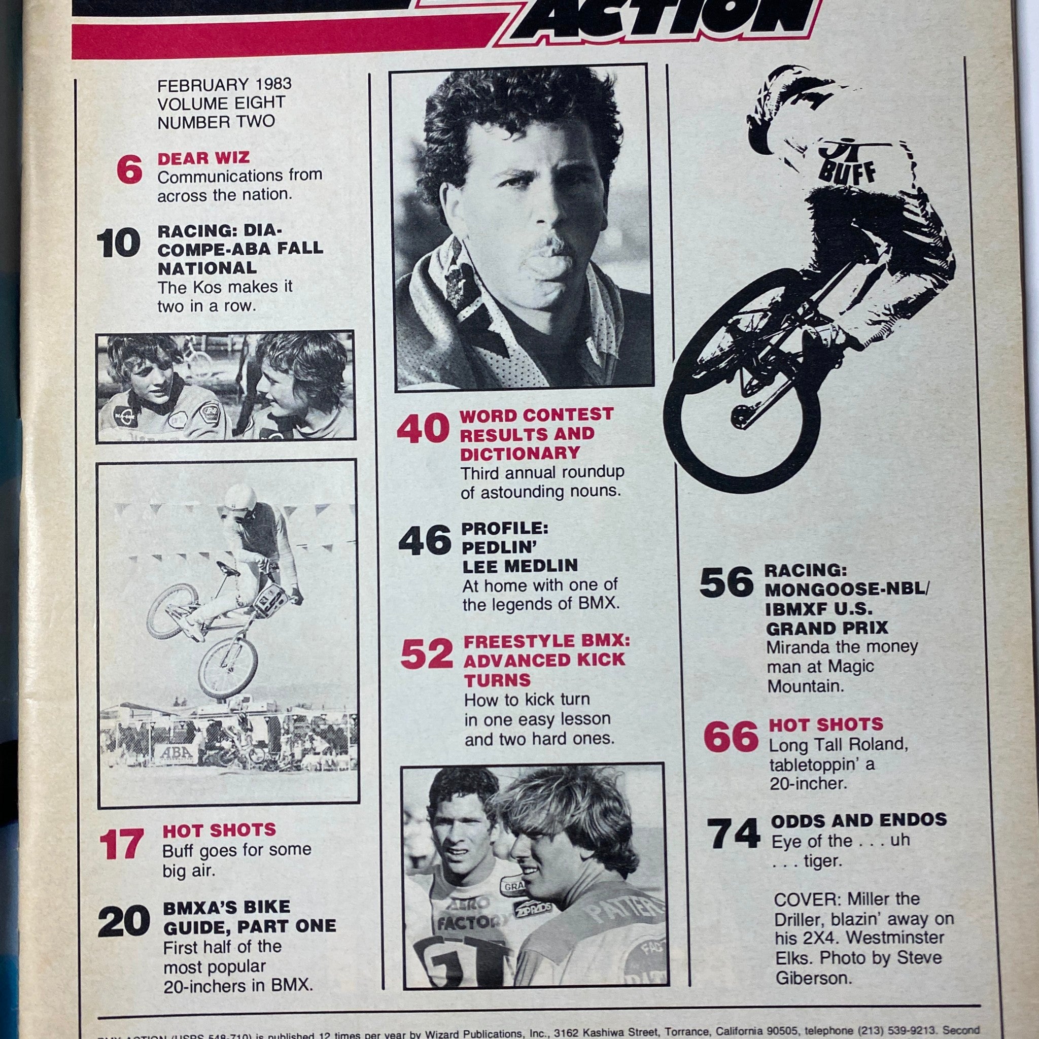 Inside page of BMX Action Magazine February 1983 showcasing 'Dear Wiz' section, Volume 8, Number 2, includes highlights like racing updates and BMX contests.