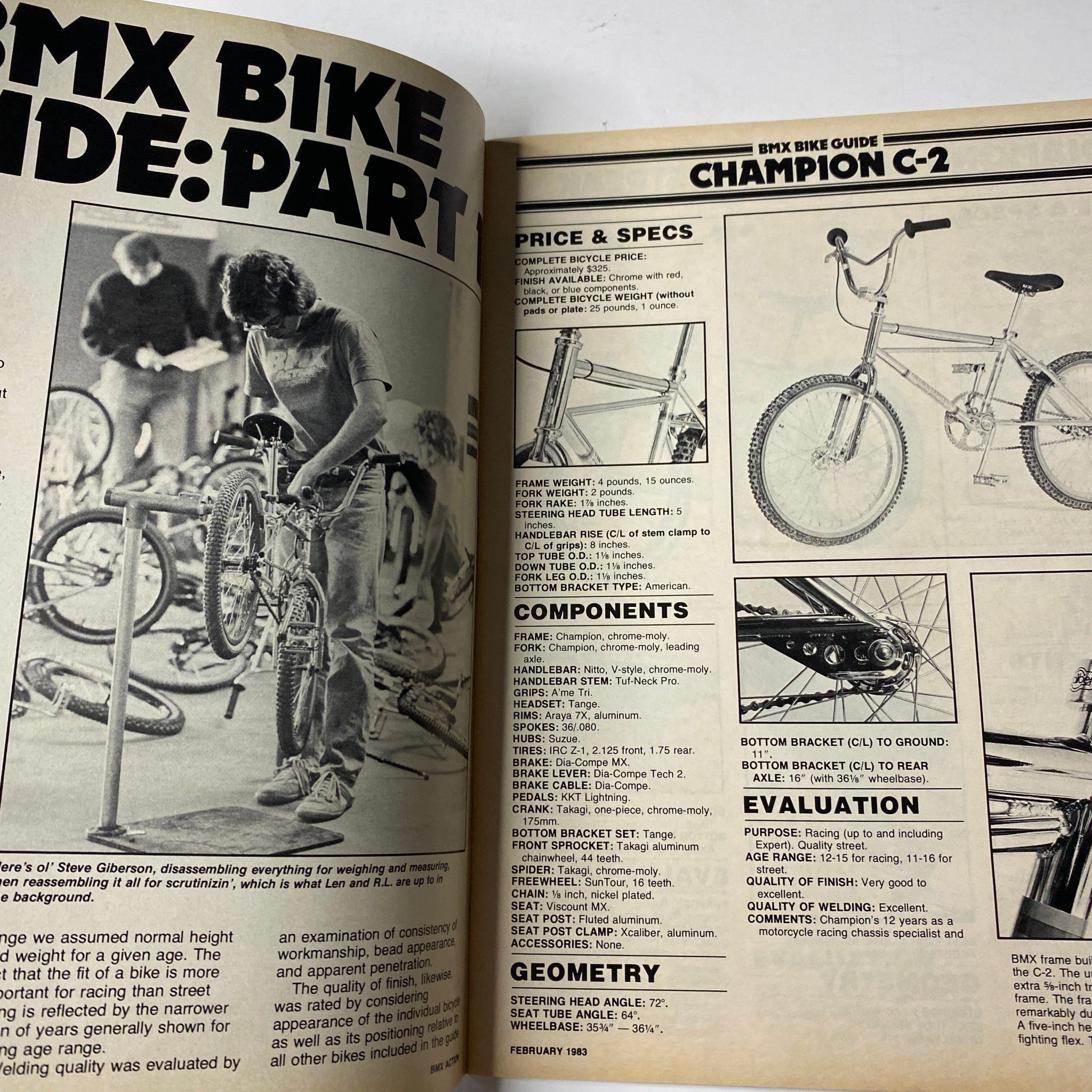 BMX Bike Guide section from BMX Action Magazine February 1983, features a detailed spec page on the Champion C-2 BMX bike, Volume 8, Number 2.