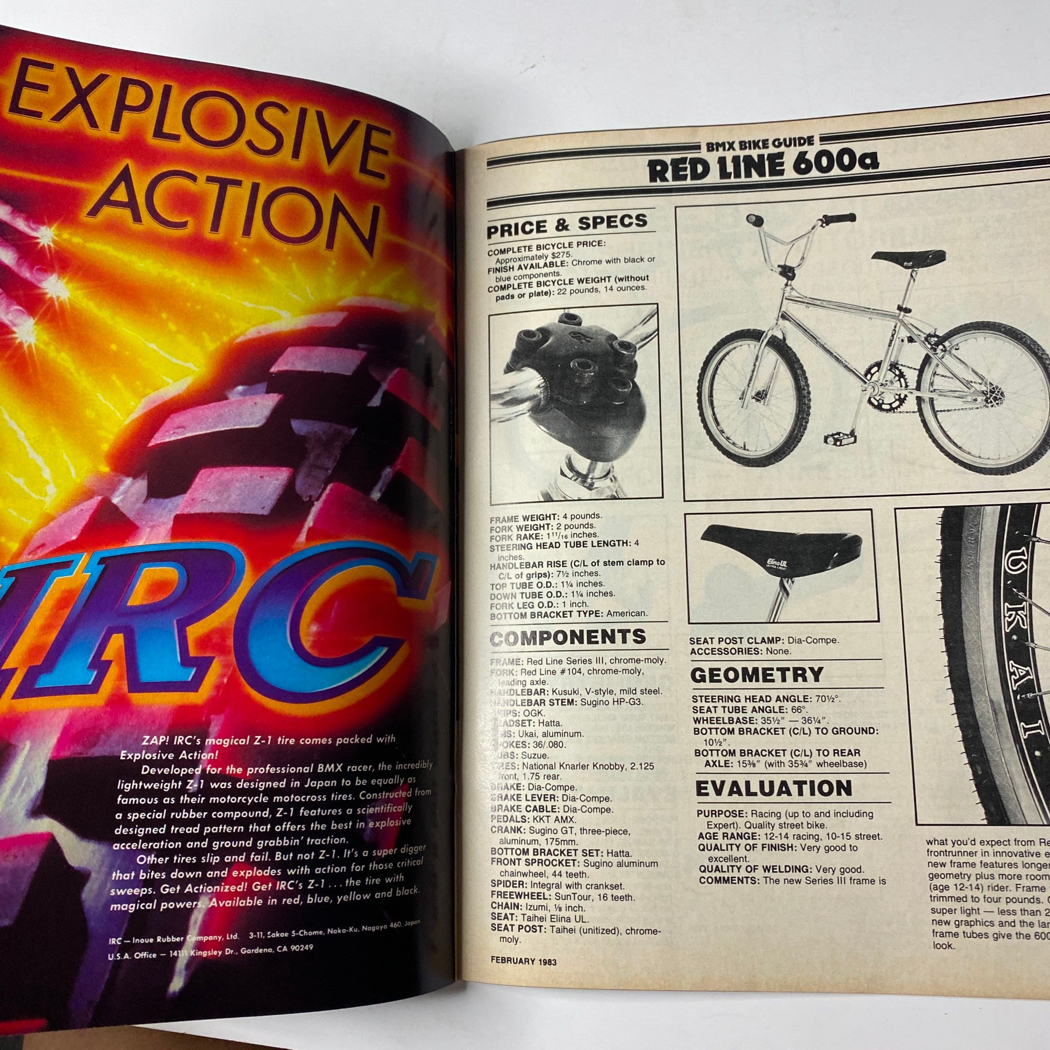 Another BMX Bike Guide page from BMX Action Magazine February 1983, presenting specifications for the Red Line 600a BMX bike, Volume 8, Number 2.