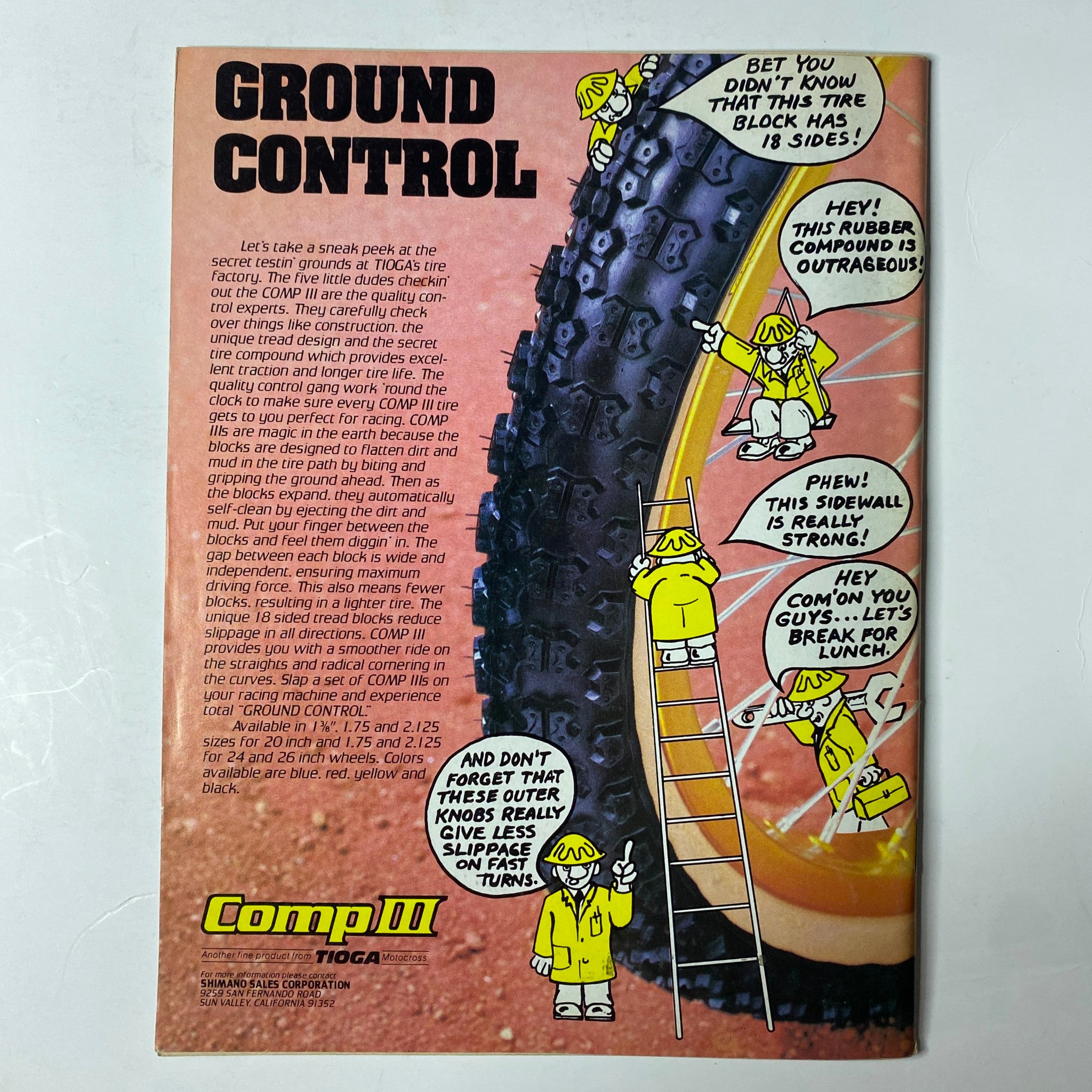 Illustration of tire design and rubber compound features from BMX Action Magazine February 1983 Vol 8 No. 2 Miller the Driller Cover. The image highlights a humorous take on tire durability with cartoon characters. This complements the magazine's focus on BMX racing and culture.