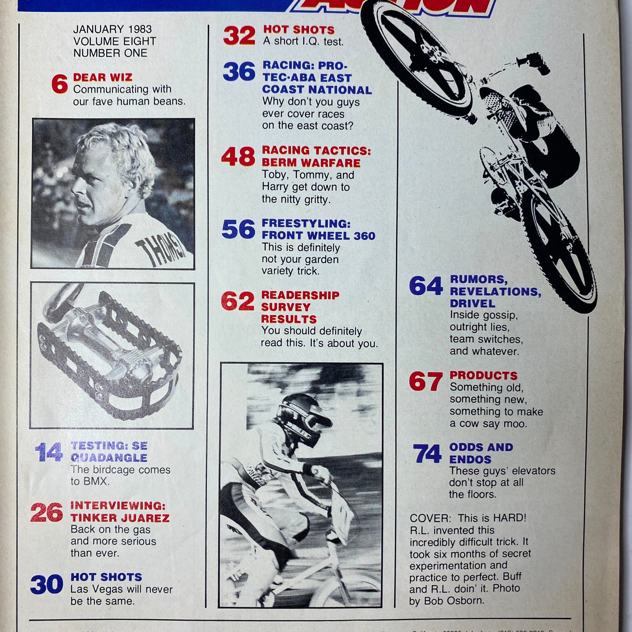 Inside pages of BMX Action Magazine January 1983 showcasing featured articles and highlights including Racing, Freestyle, and more.