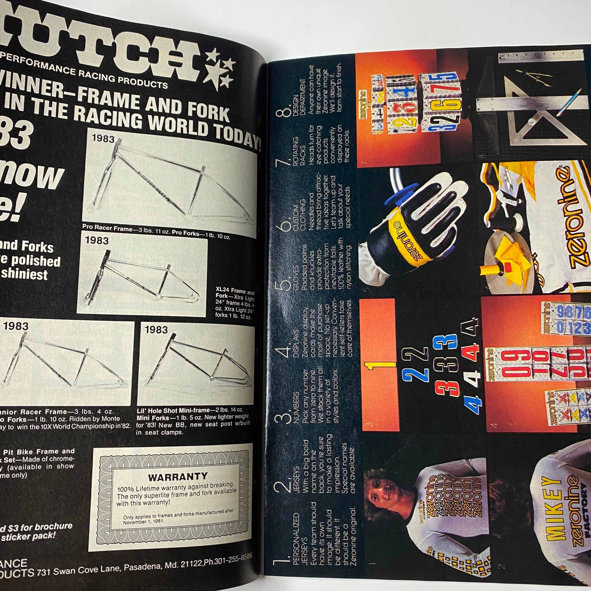 Advertisement page from BMX Action Magazine January 1983 highlighting racing products and gear suitable for BMX enthusiasts.