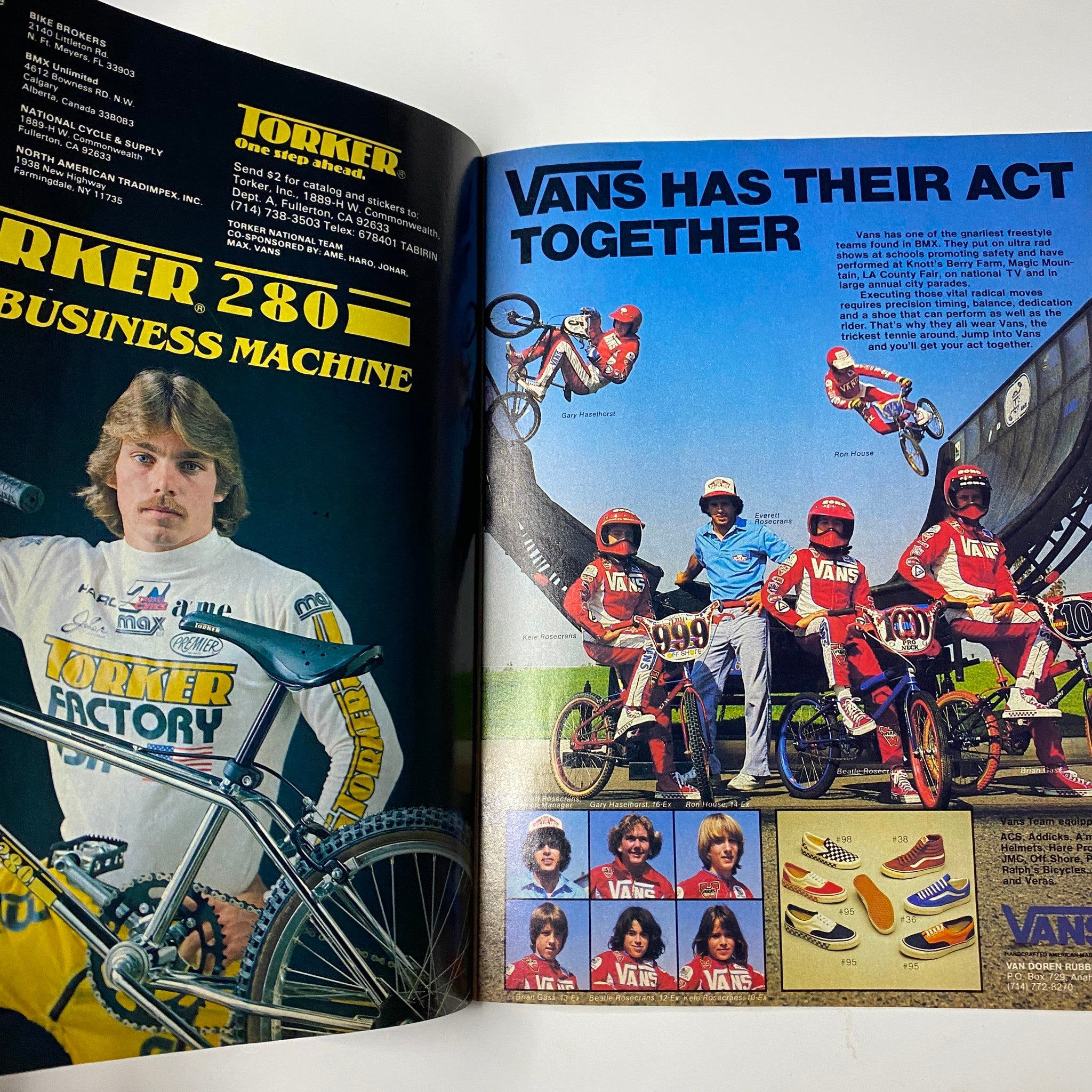 Another page from BMX Action Magazine January 1983 displaying promotional content for Torquer bicycles and Vans shoes, promoting BMX culture.