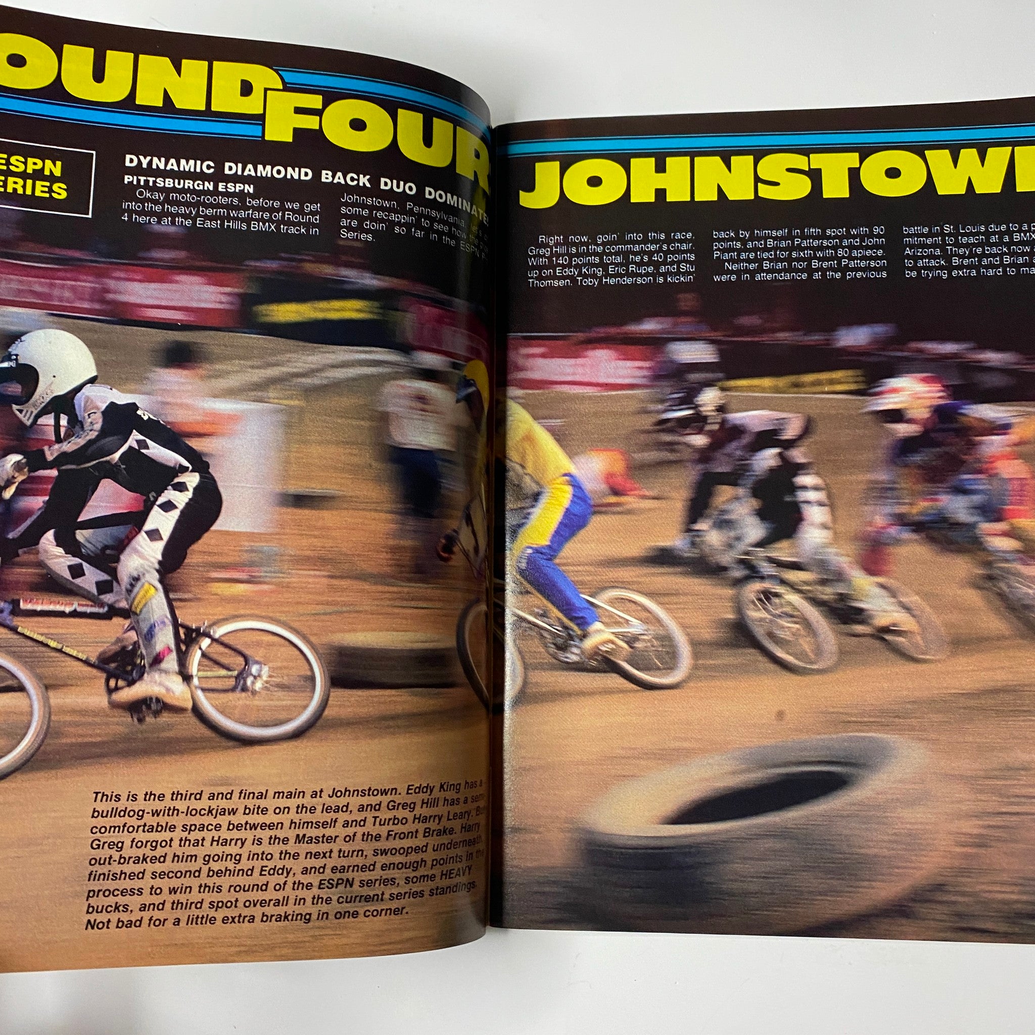 Double-page spread from BMX Action Magazine December 1983 covering the Round Four of the ESPN Pro Series in Johnstown with dynamic racing action highlighted.