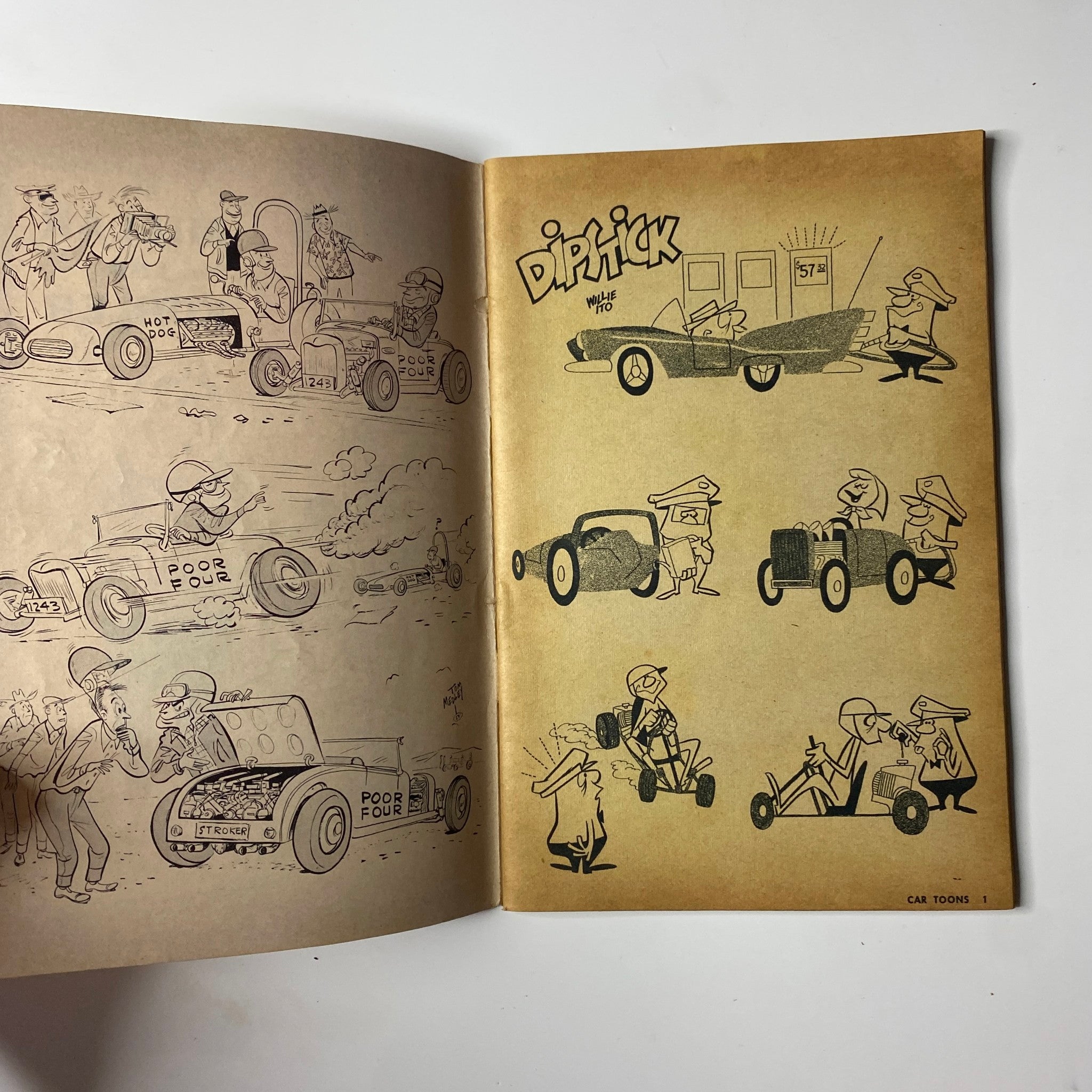 Interior page featuring humorous illustrations from the 1959 First Edition Car Toons Comic Magazine by Millar and Kohler, showcasing comical hot rod characters and scenes.