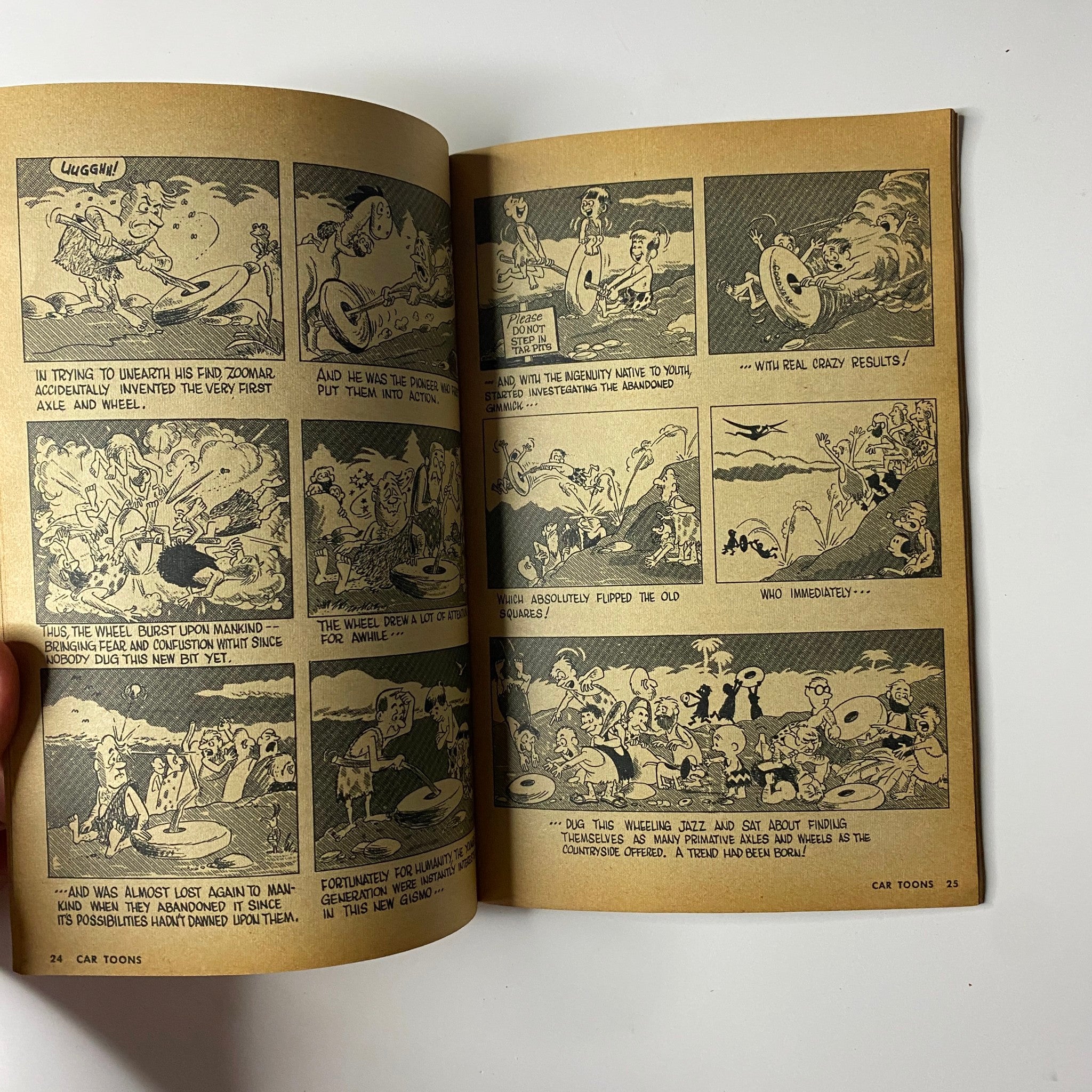 Another interior page displaying satirical comic strips from the 1959 First Edition Car Toons Comic Magazine by Millar and Kohler, highlighting amusing automotive scenarios.