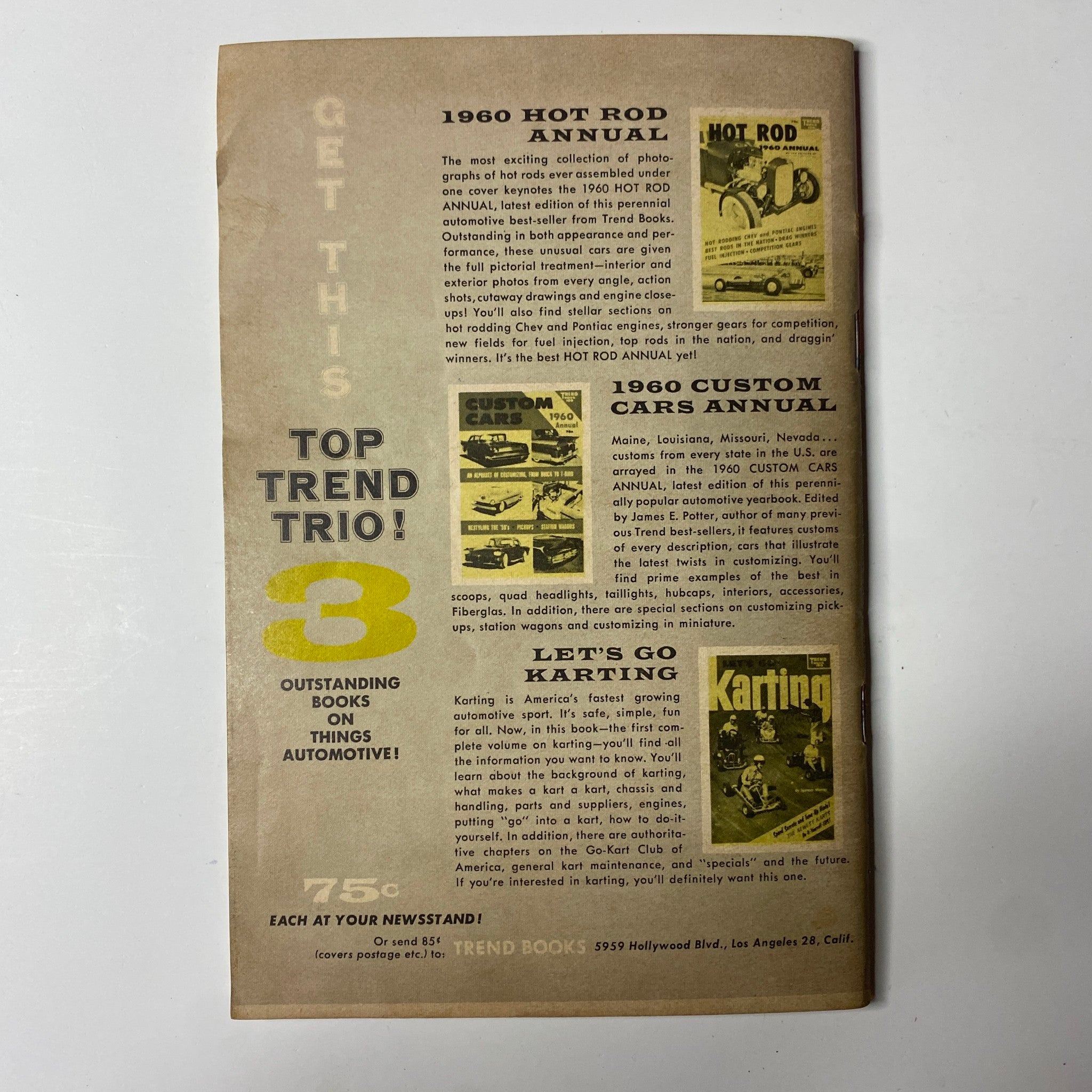 Back cover of the 1959 First Edition Car Toons Comic Magazine by Millar and Kohler, advertising various automotive-related books including the 1960 Hot Rod Annual.