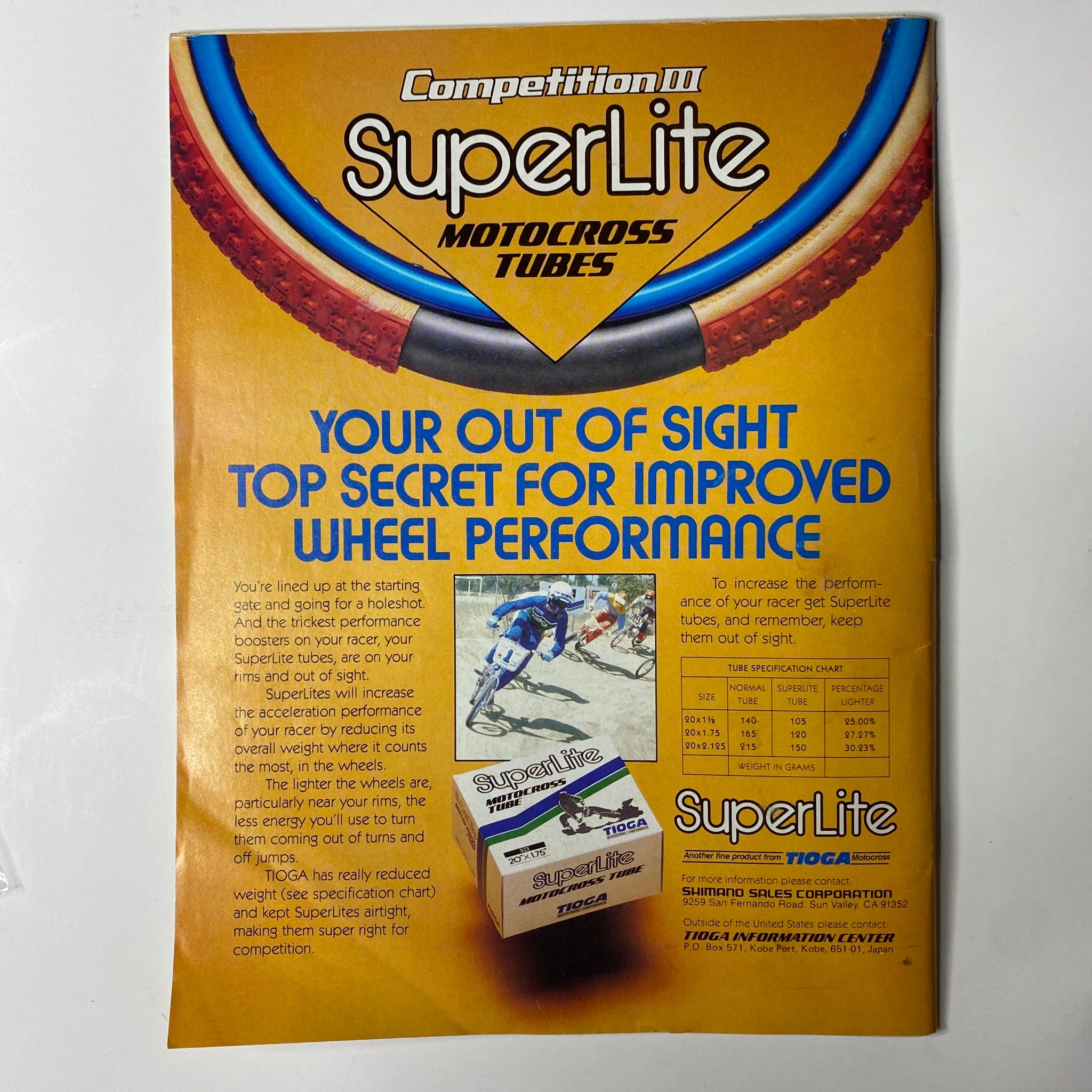 Advertisement for SuperLite motocross tubes featured in BMX Action Magazine April 1983 Vol 8 No. 4 with a focus on improved wheel performance.