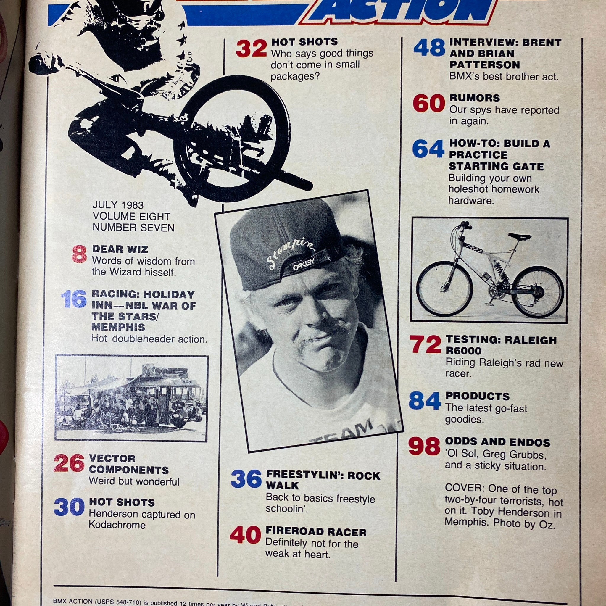 Inside page of BMX Action Magazine July 1983 Vol 8 No. 7 showcasing an article about the NBL War of the Stars and an interview with BMX riders Brent and Brian Patterson.
