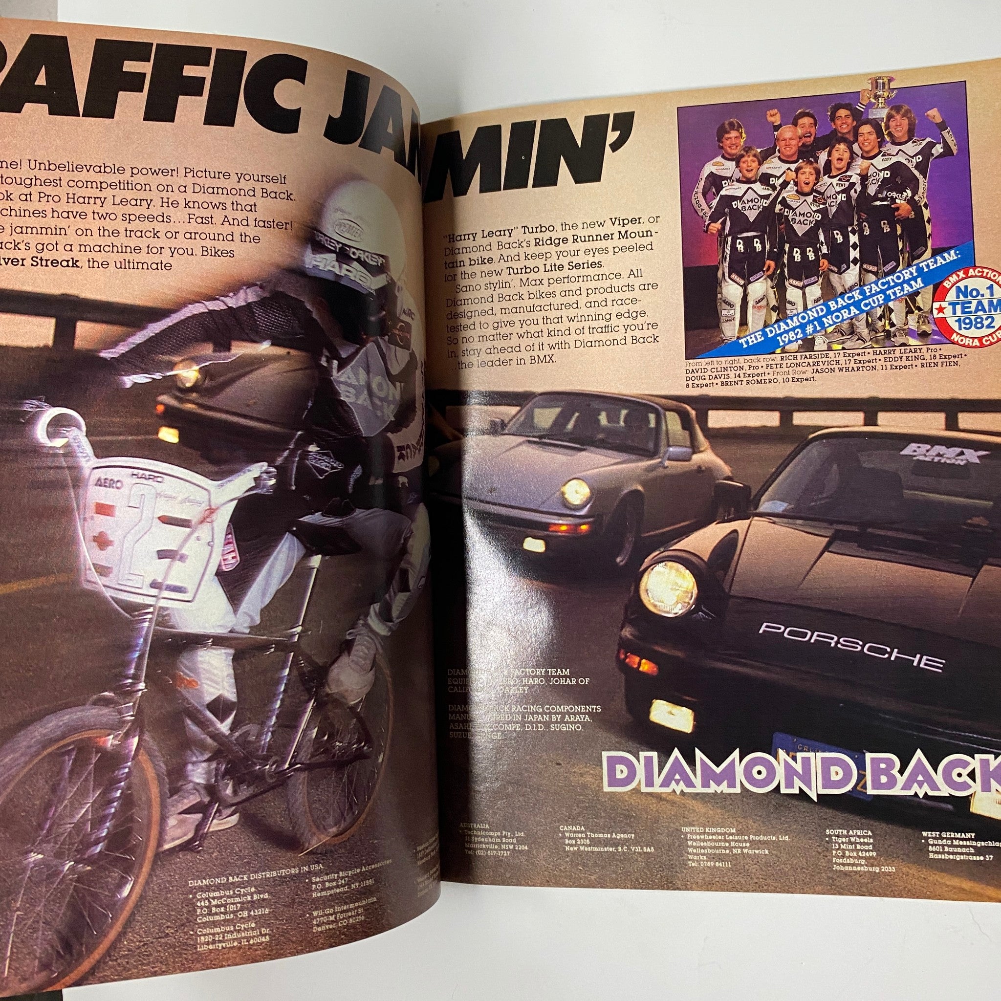 Two-page spread in BMX Action Magazine July 1983 Vol 8 No. 7 titled 'Traffic Jammin'' featuring BMX action with riders and a Diamond Back bike next to a Porsche.