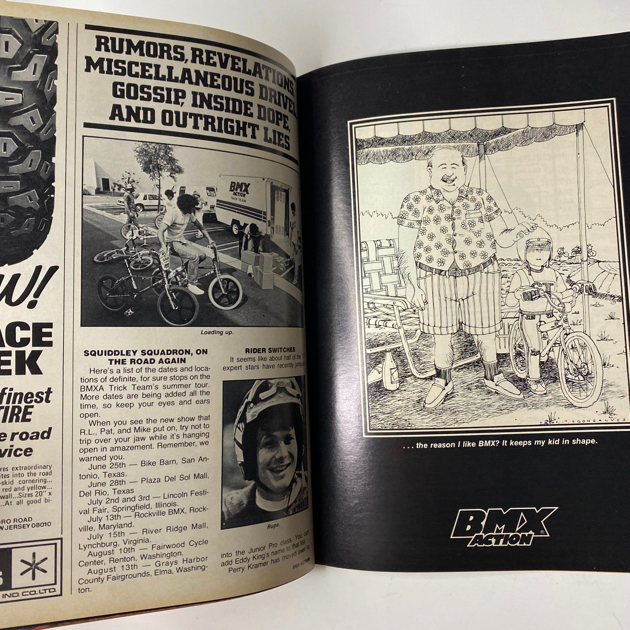 Another spread from BMX Action Magazine July 1983 Vol 8 No. 7, featuring casual BMX riders, a humorous drawing, and advertisements related to BMX culture.
