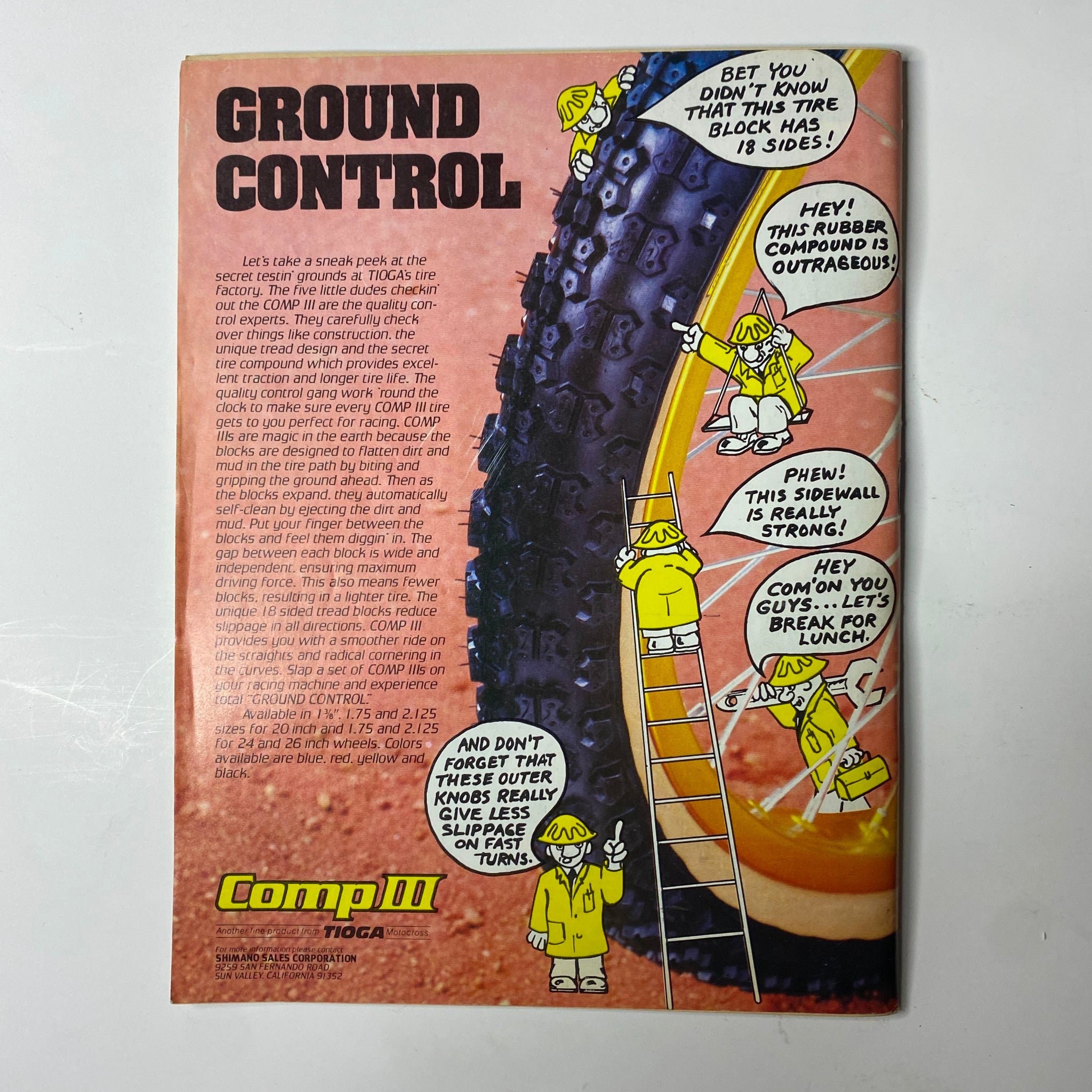Back cover of BMX Action Magazine July 1983 Vol 8 No. 7 featuring a cartoon advertisement for Comp III tires, highlighting features like rubber compound and sidewall strength.