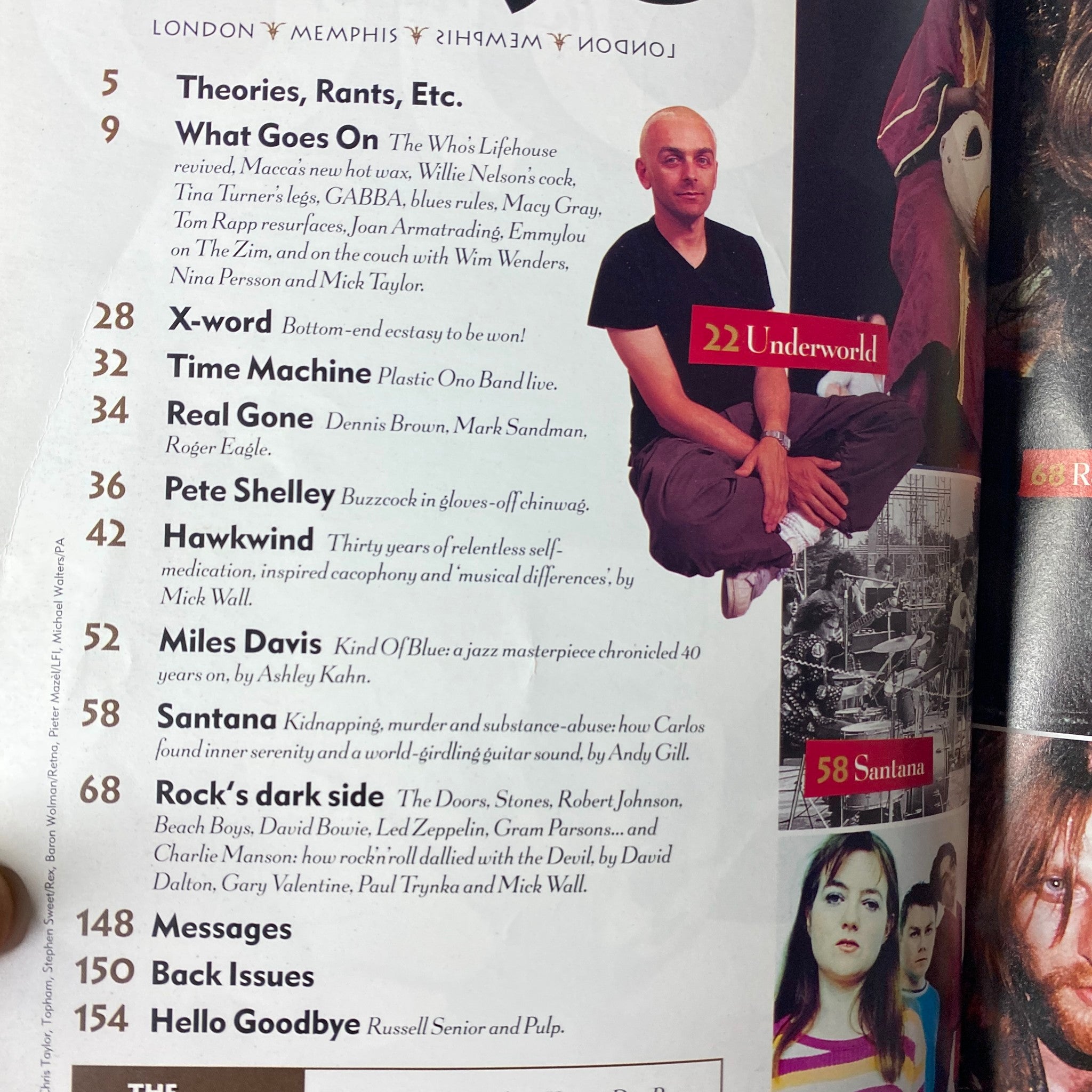 Table of contents page from Mojo Music Magazine September 1999, detailing features on artists like Miles Davis, Santana, and others under the theme 'The Dark Side'.