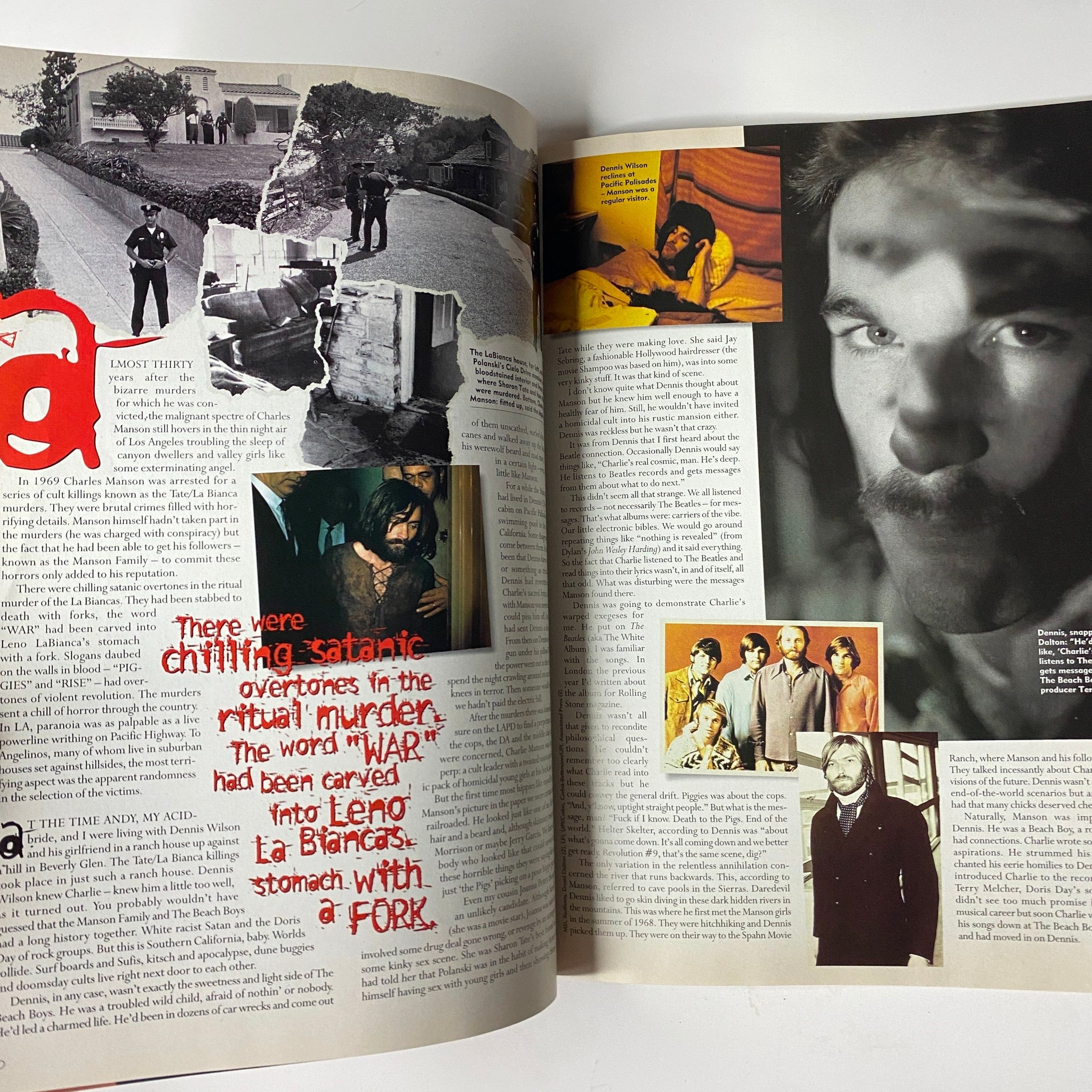Article spread in Mojo Music Magazine September 1999 highlighting eerie connections to Charles Manson, within the narrative 'The Dark Side.'