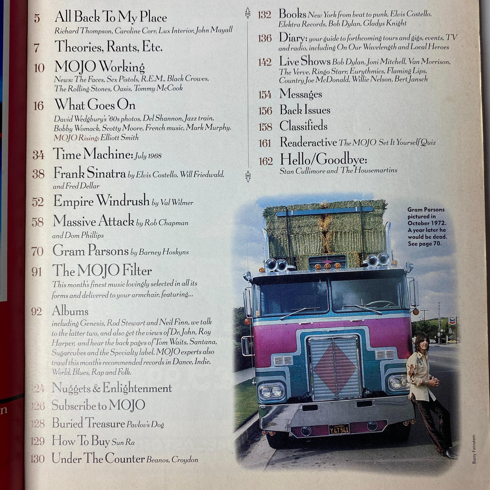 Table of contents for Mojo Music Magazine July 1998, featuring major articles on Frank Sinatra, Empire Windrush, and Massive Attack.