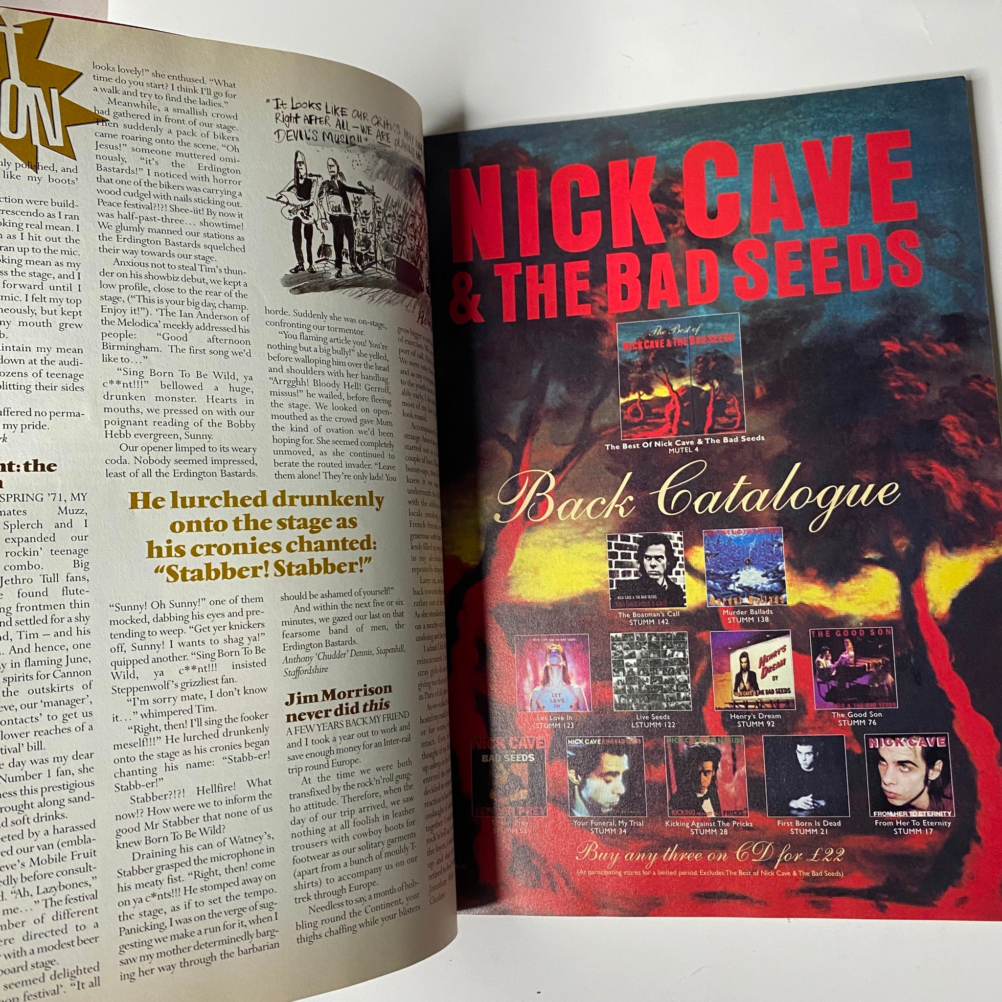 An interior page of Mojo Music Magazine July 1998 showcasing an article on Nick Cave & the Bad Seeds and their back catalog.