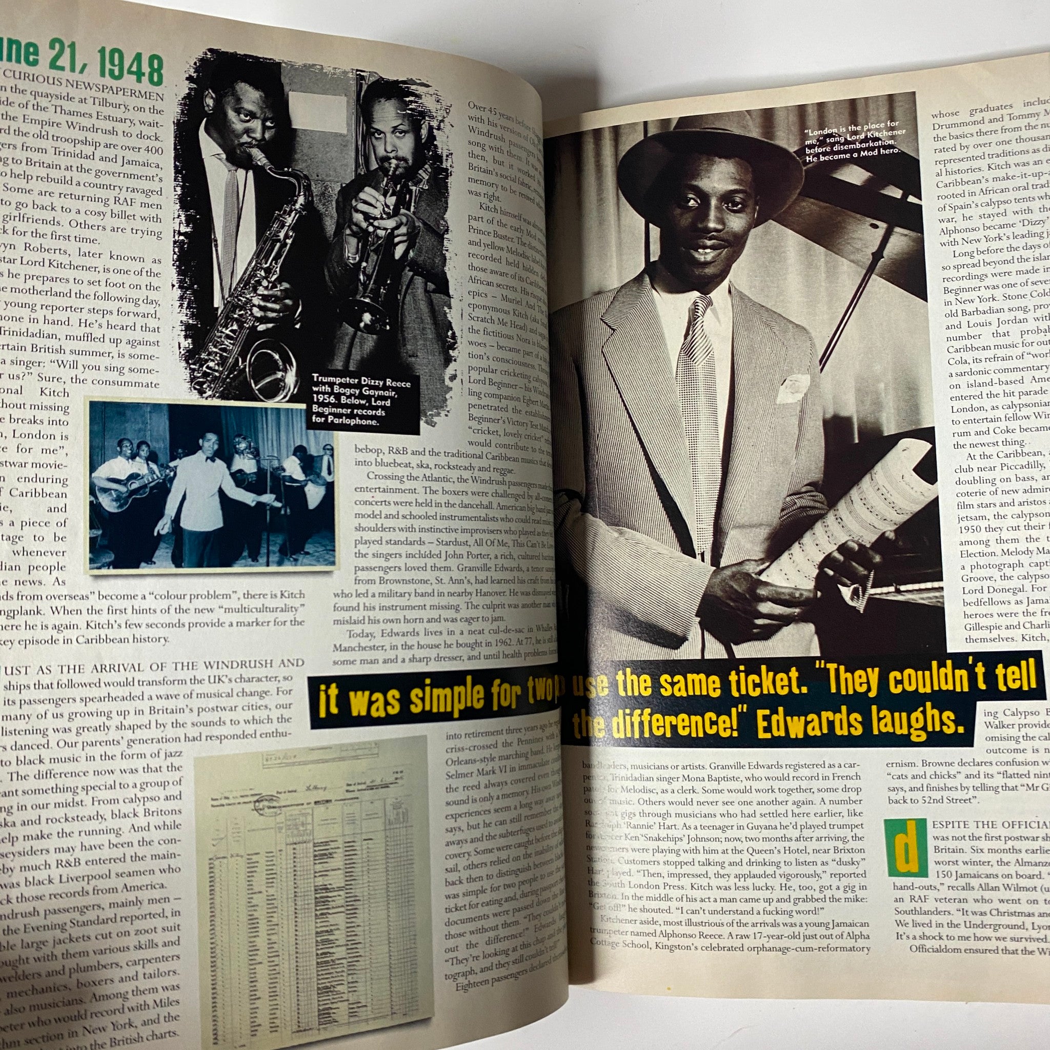 Page from Mojo Music Magazine July 1998 featuring Frank Sinatra, showcasing images of musicians and historical musical references, complemented by an article about the Empire Windrush.