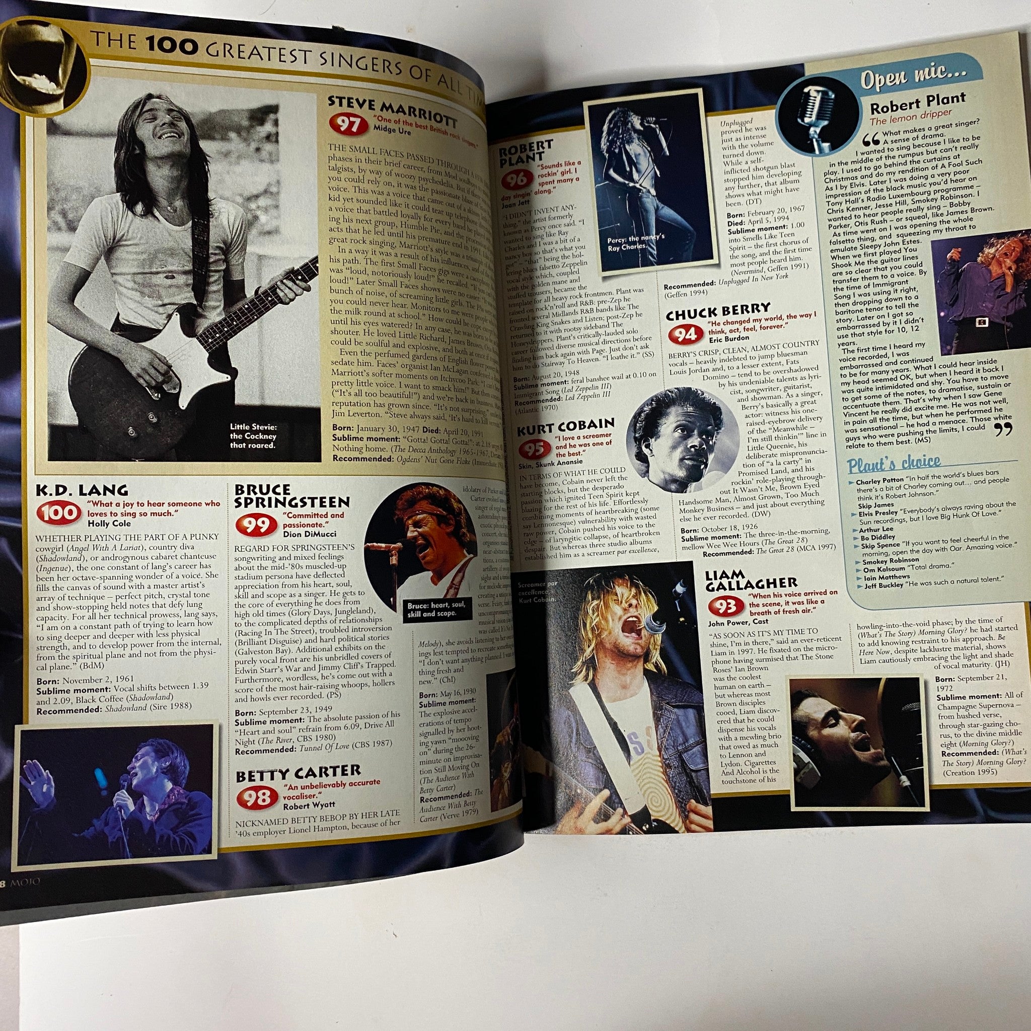 Another inside page of Mojo Music Magazine, October 1998, listing the '100 Greatest Singers of All Time' including Kurt Cobain, Chuck Berry, and others with images and rankings.