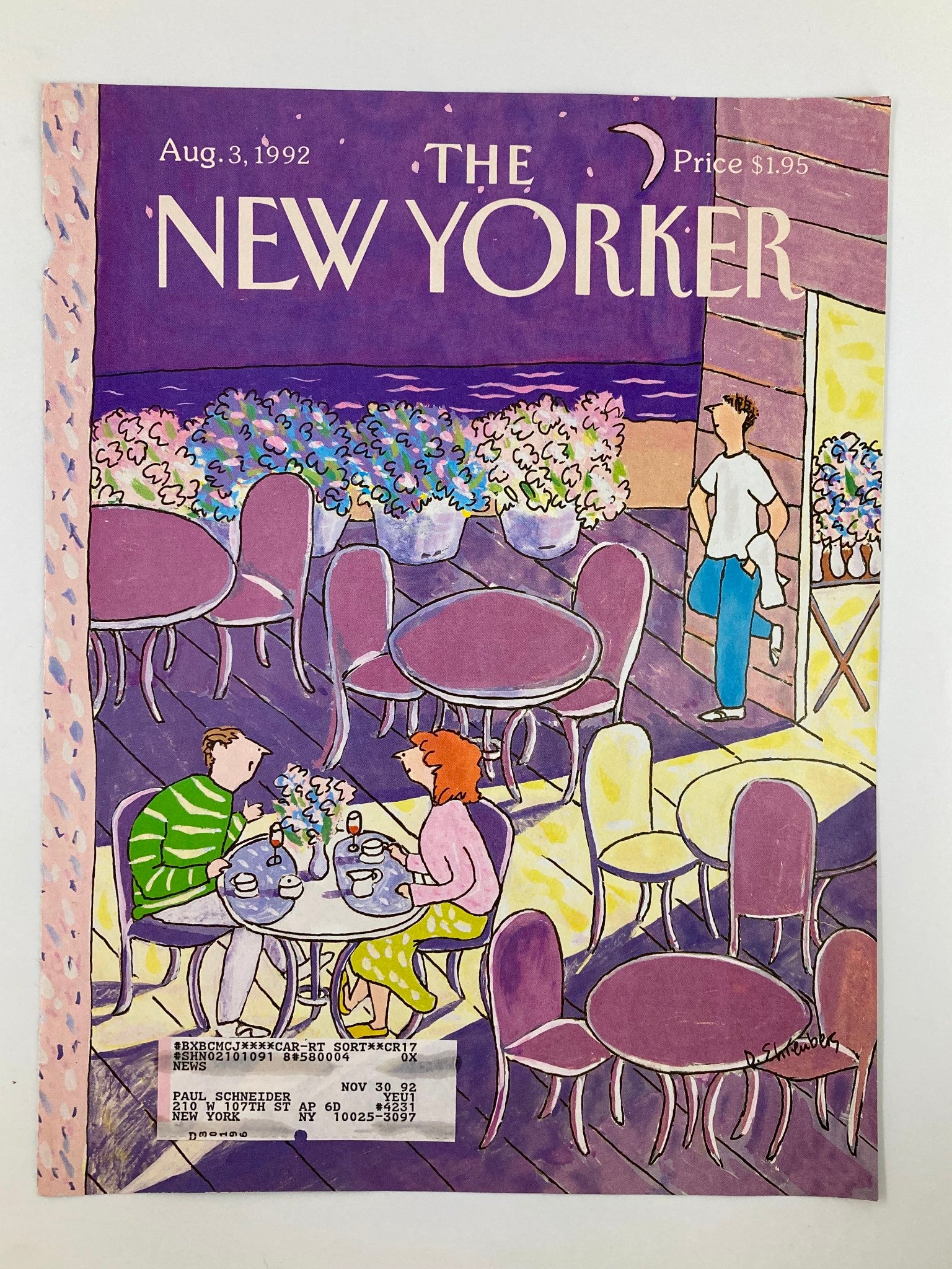 COVER ONLY The New Yorker August 3 1992 Dinner Date by Devera Ehrenberg