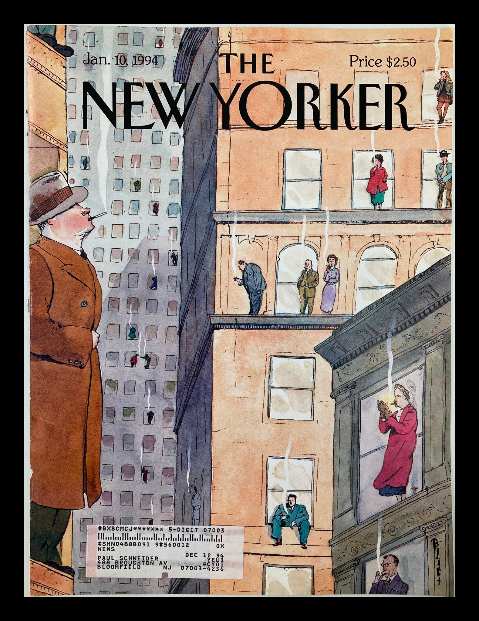 COVER ONLY The New Yorker January 10 1994 Resolute Smokers by Barry Blitt