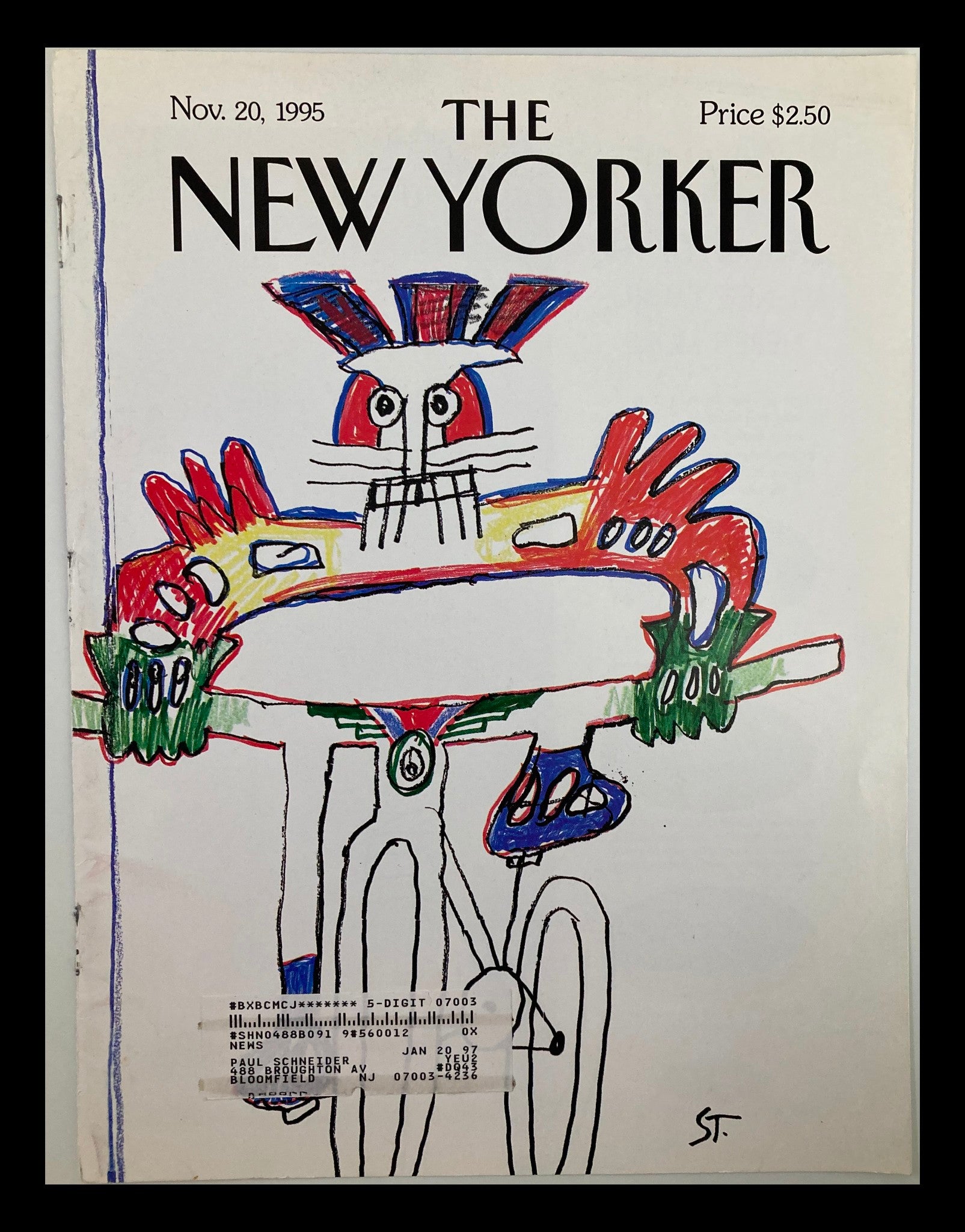 COVER ONLY The New Yorker November 20 1995 Bicyclist by Saul Steinberg