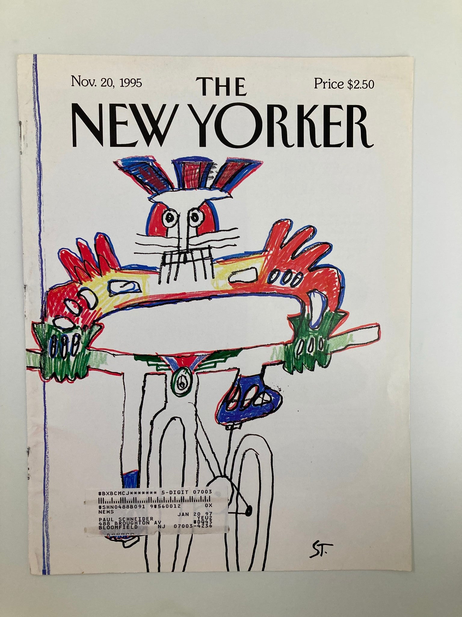 COVER ONLY The New Yorker November 20 1995 Bicyclist by Saul Steinberg