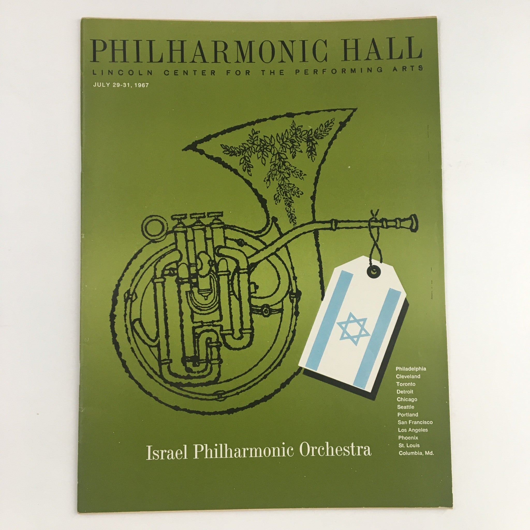 1967 Philharmonic Hall Lincoln Center Present Israel Philharmonic Orchestra - A vintage magazine cover featuring a horn design, showcasing the Israel Philharmonic Orchestra's performance dates from July 29-31, 1967.