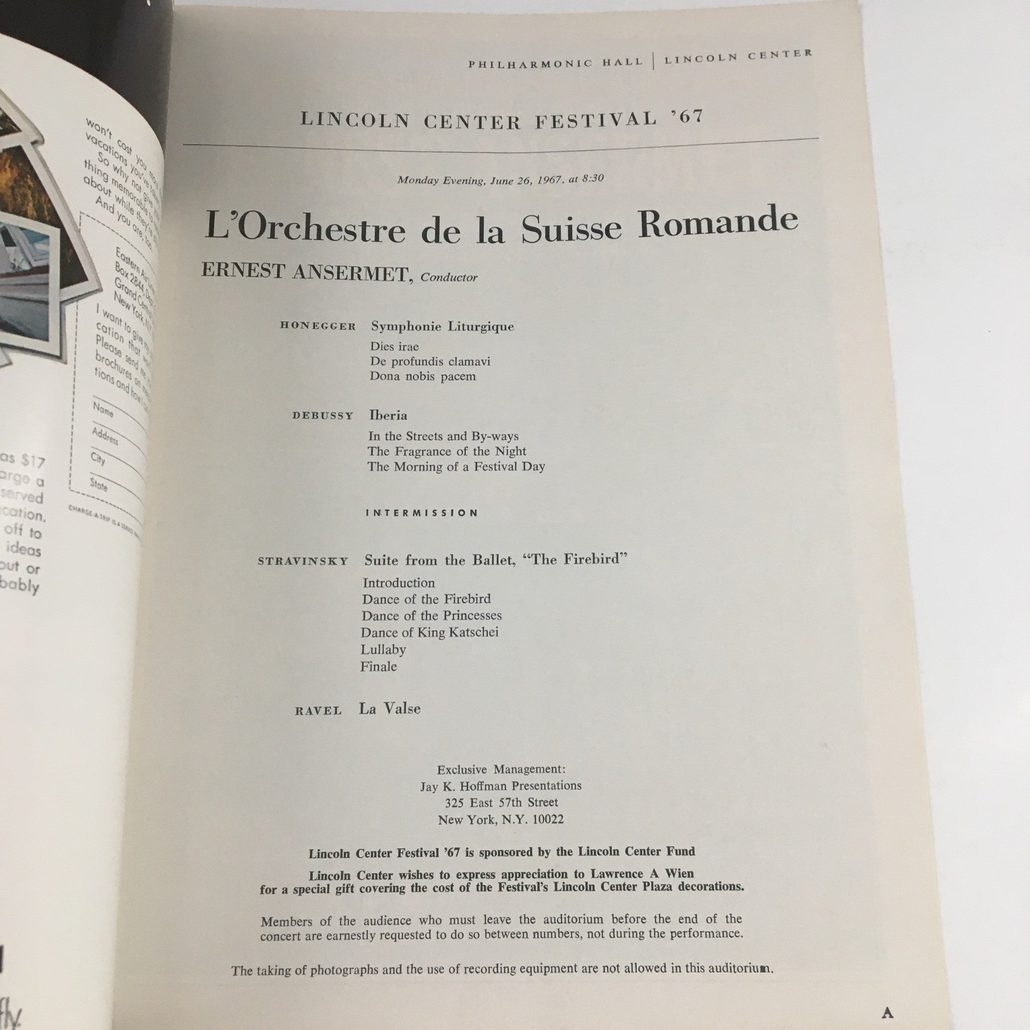 Interior page of the 1967 magazine detailing the concert program for L'Orchestre de la Suisse Romande, including pieces by Honegger, Debussy, Stravinsky, and Ravel.