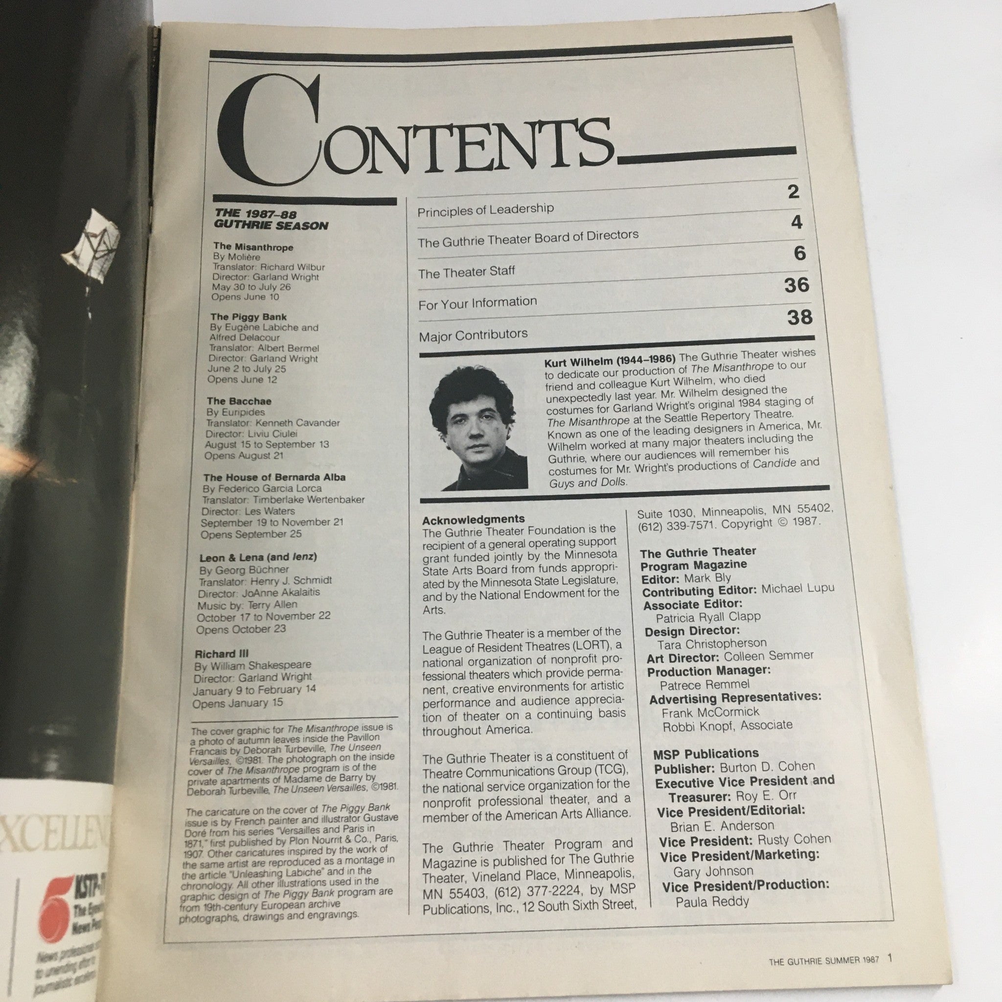 Table of contents from the 1988 Guthrie Theater program, detailing the season and contributions including A Tribute to Kurt Wilhelm.