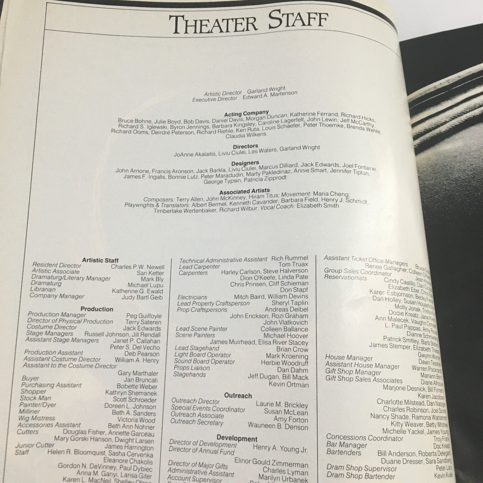 List of theater staff from the 1988 Guthrie Theater program, showcasing roles related to The Misanthrope and A Tribute to Kurt Wilhelm.