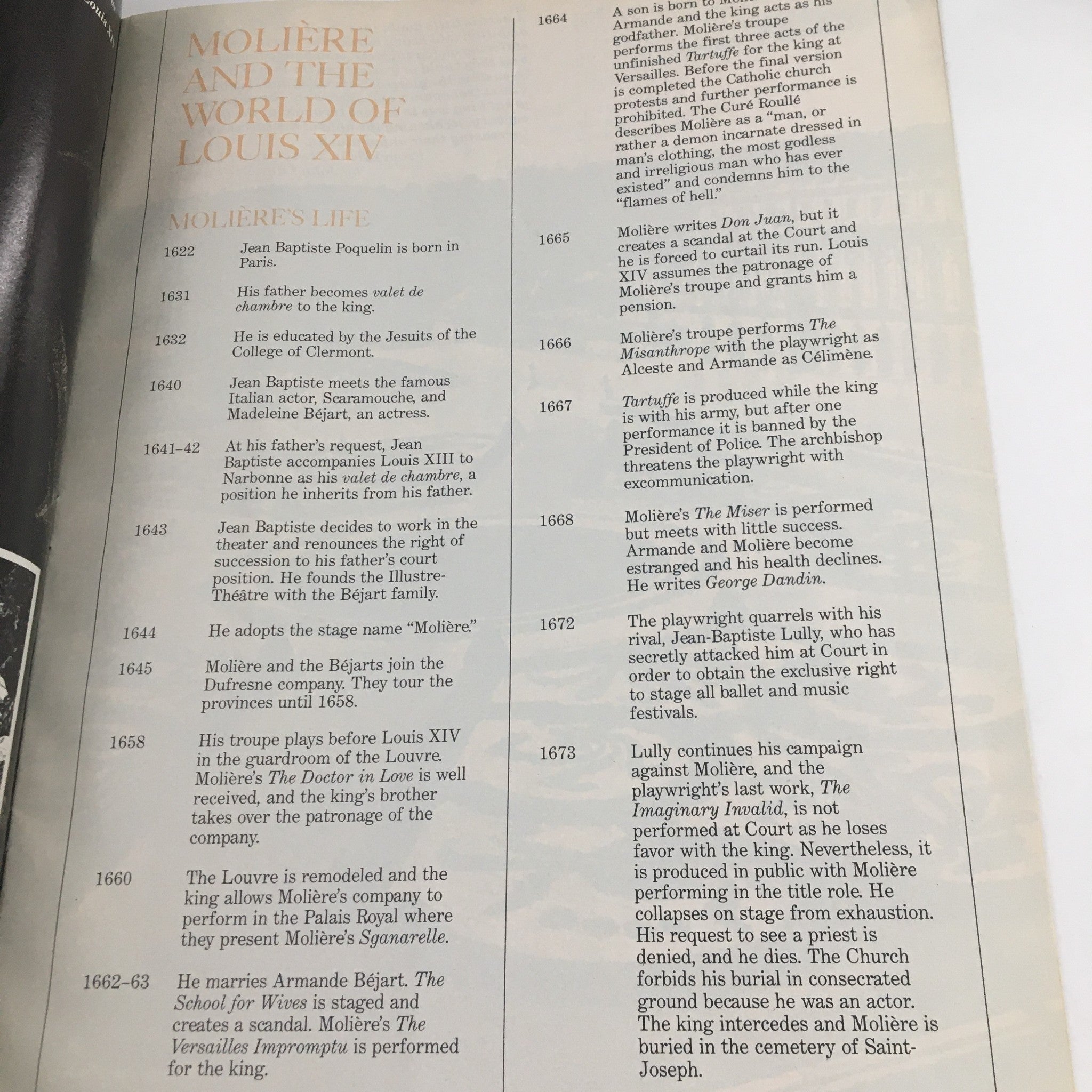 Section about Molière and Louis XIV from the 1988 Guthrie Theater program, connected to themes explored in The Misanthrope.