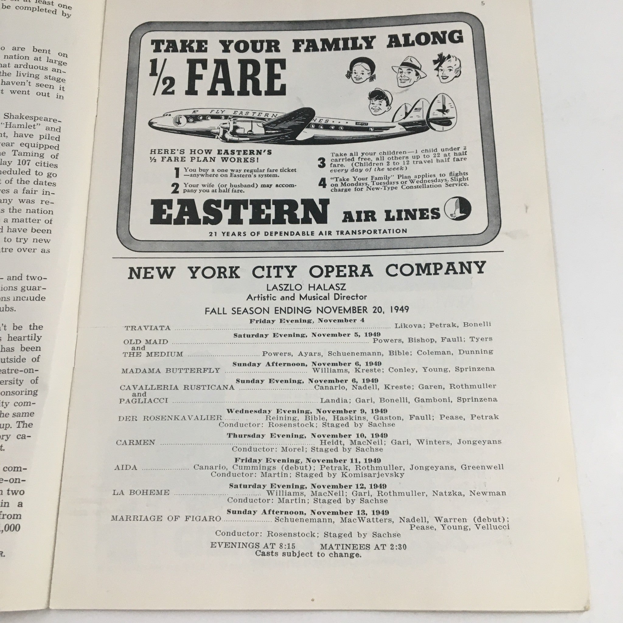 Interior page of the 1949 New York City Center of Music and Drama program detailing the schedule for the fall season events under the direction of Laszlo Halasz.