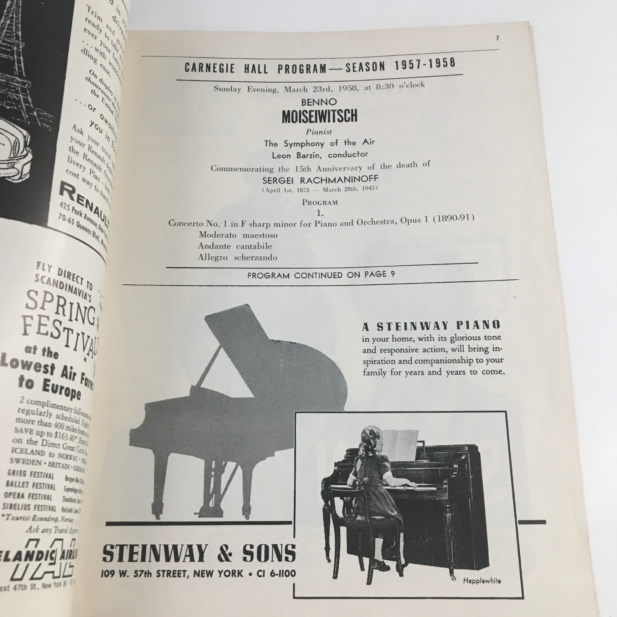 Page from the 1957 Carnegie Hall Program featuring pianist Benno Moiseiwitsch, detailing the concert schedule and program notes, highlighting the significance of the event in classical music history.