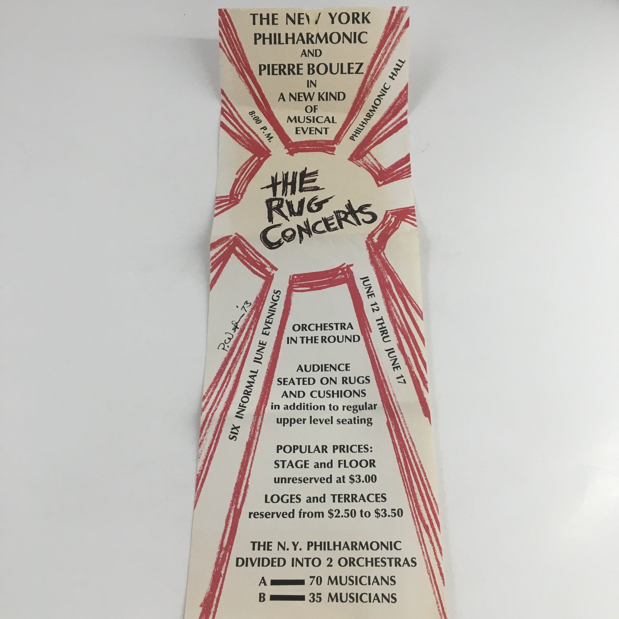 1973 The New York Philharmonic and Pierre Boulez Present The Rug Concerts promotional material featuring event details, including concert dates and seating arrangements.