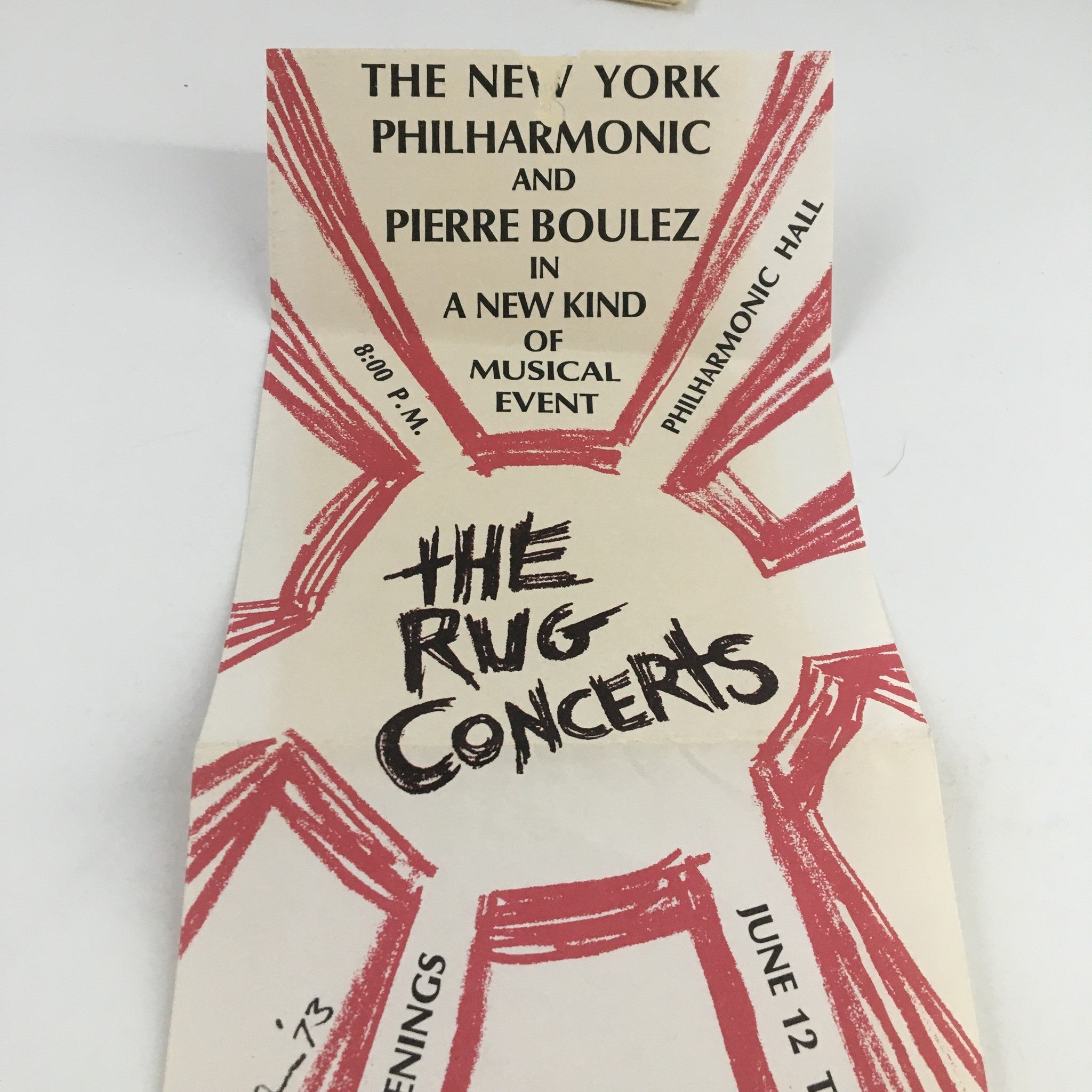 1973 The New York Philharmonic and Pierre Boulez Present The Rug Concerts ticket highlighting a unique musical experience at Philharmonic Hall.