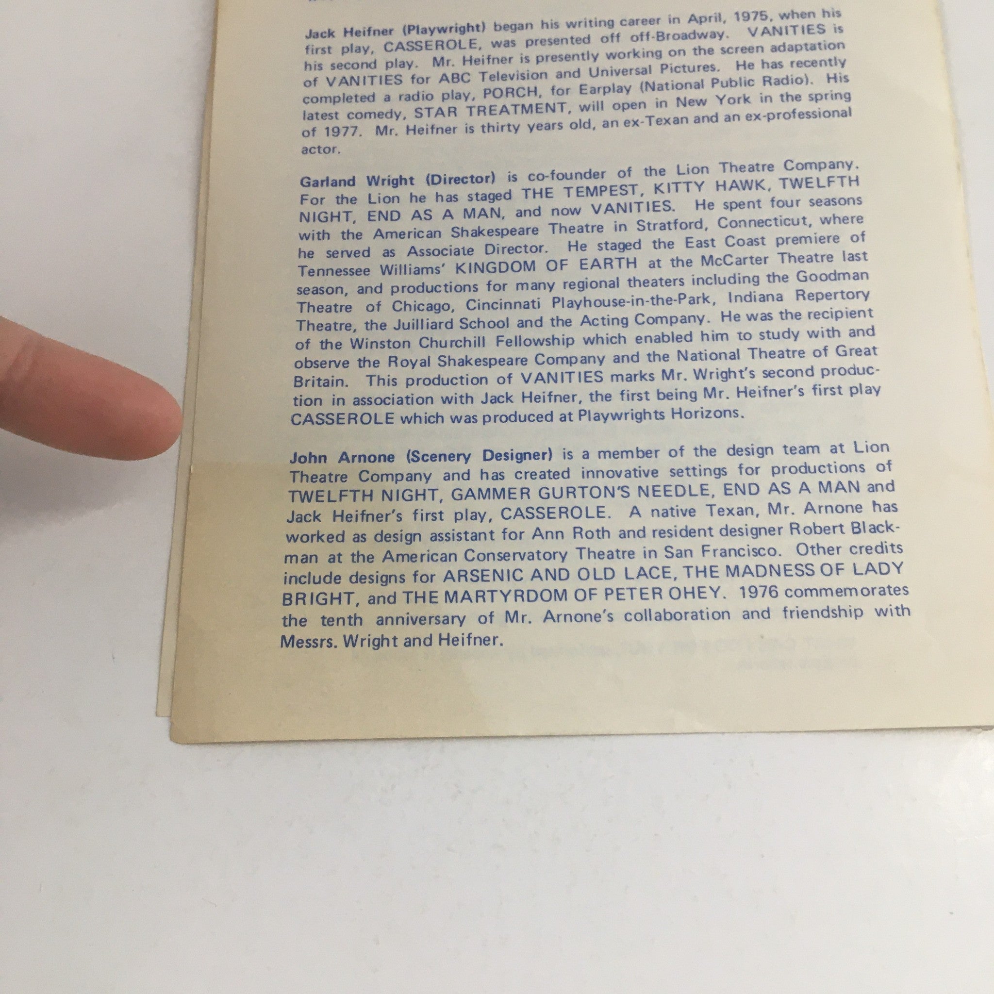 1976 The Chelsea Theater Present Playwrights Horizon in Vanities by G. Wright