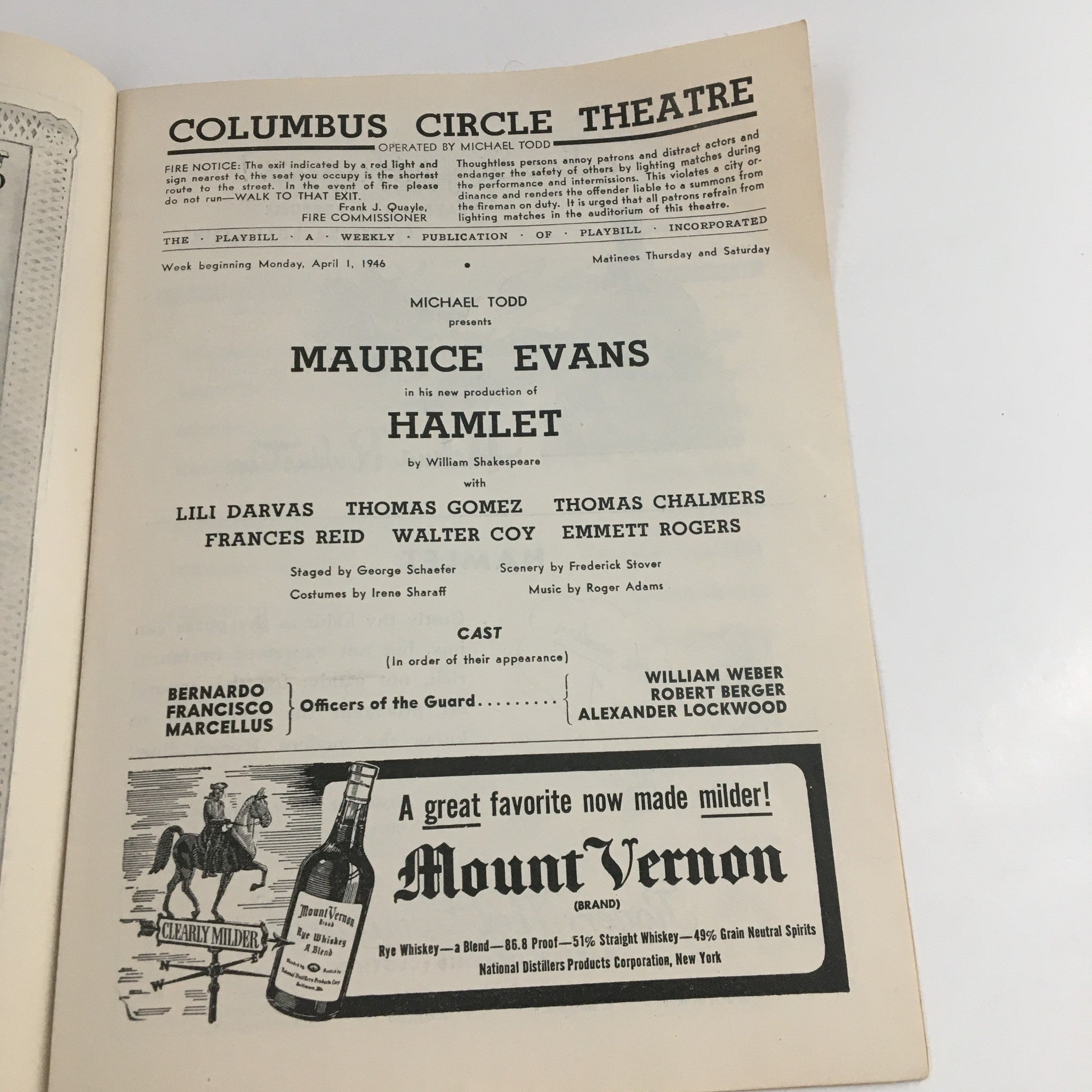 1946 Playbill Columbus circle Theatre Michael Todd Present Maurice Evans' Hamlet