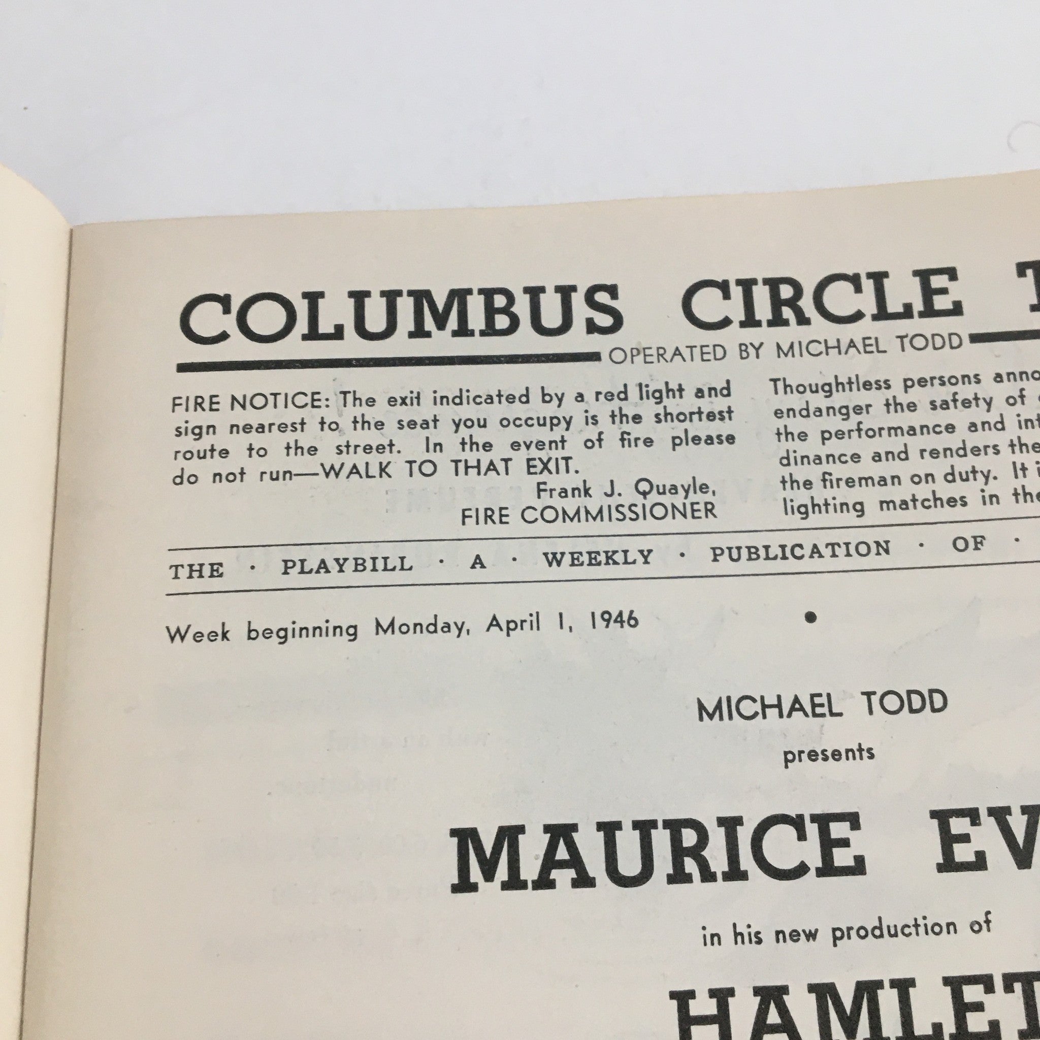 1946 Playbill Columbus circle Theatre Michael Todd Present Maurice Evans' Hamlet