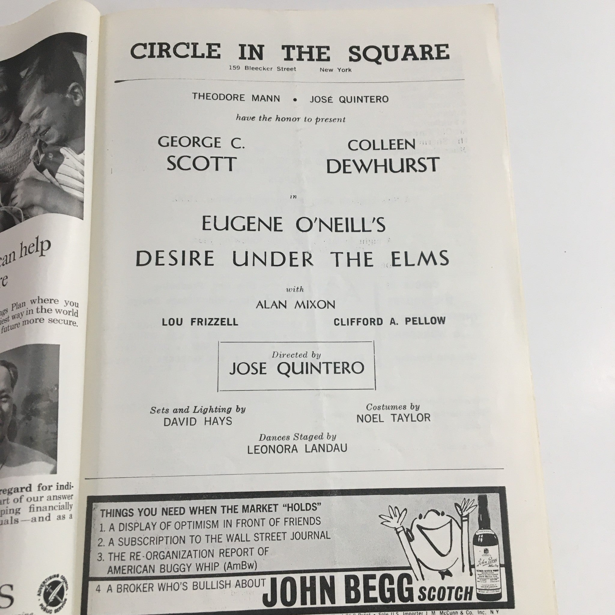 Interior page of the 1958 Showbill for Eugene O'Neill's Desire Under The Elms, listing cast members including George C. Scott and Colleen Dewhurst, with production details.