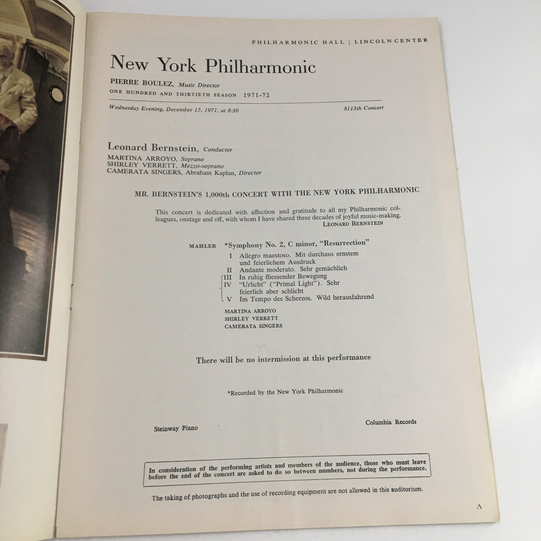 1971 Philharmonic Hall Lincoln Center Mr. Leonard Bernstein 1,000th Concert