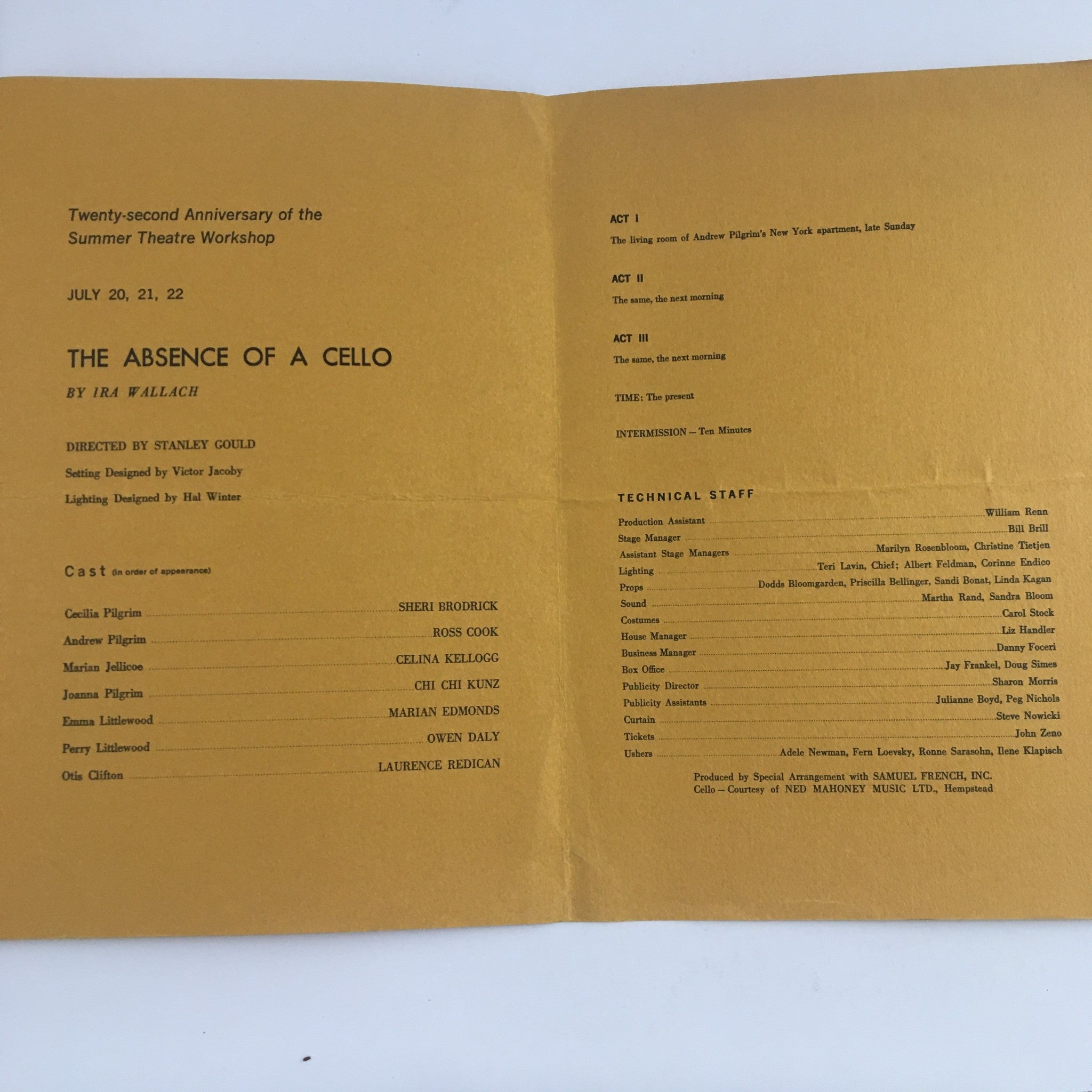 1967 Summer Theatre Workshop Present The Absence of a Cello by Ira Wallach