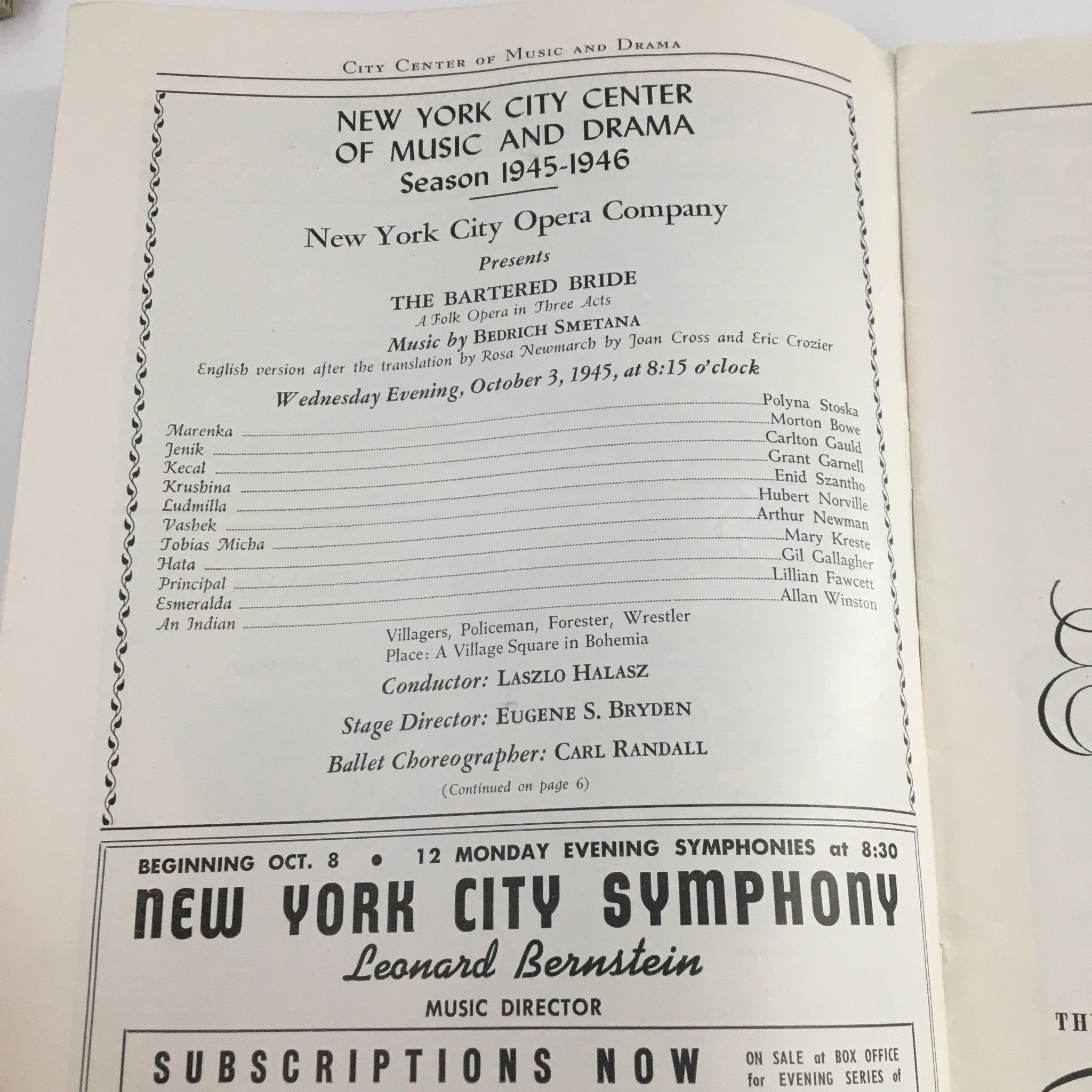 1945 New York City Center of Music and Drama Present The Bartered Bride Opera