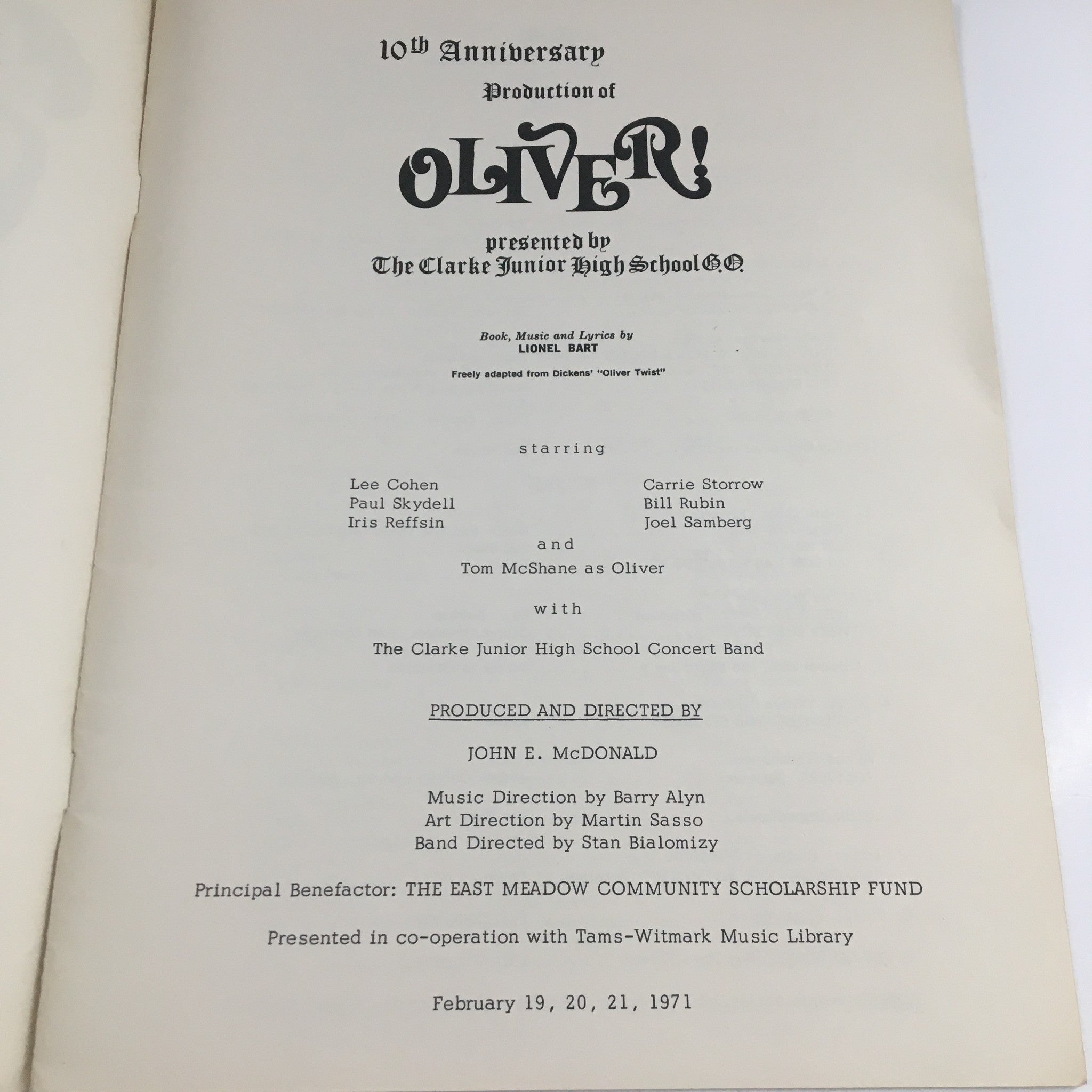 1971 The Clarke Junior High School Production of Oliver by Lionel Bart