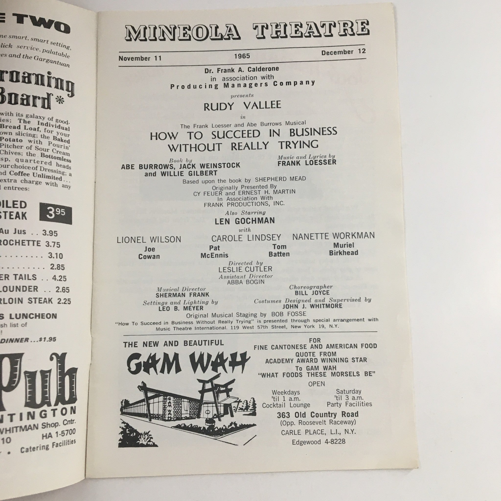 Inside page of the 1965 Mineola Theatre program for 'How To Succeed In Business Without Really Trying', detailing the cast and production information.