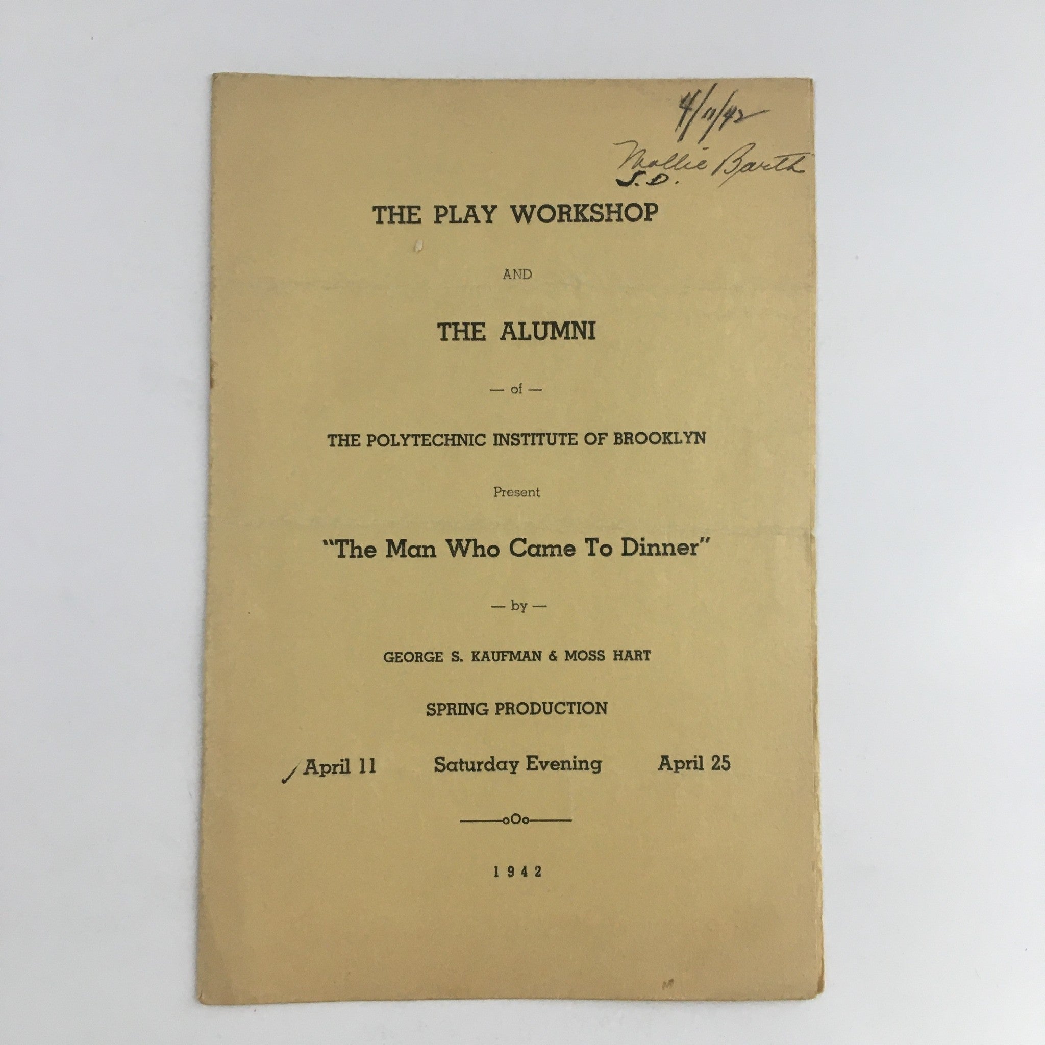 1942 The Play Workshop and The Alumni Present The Man Who Came To Dinner