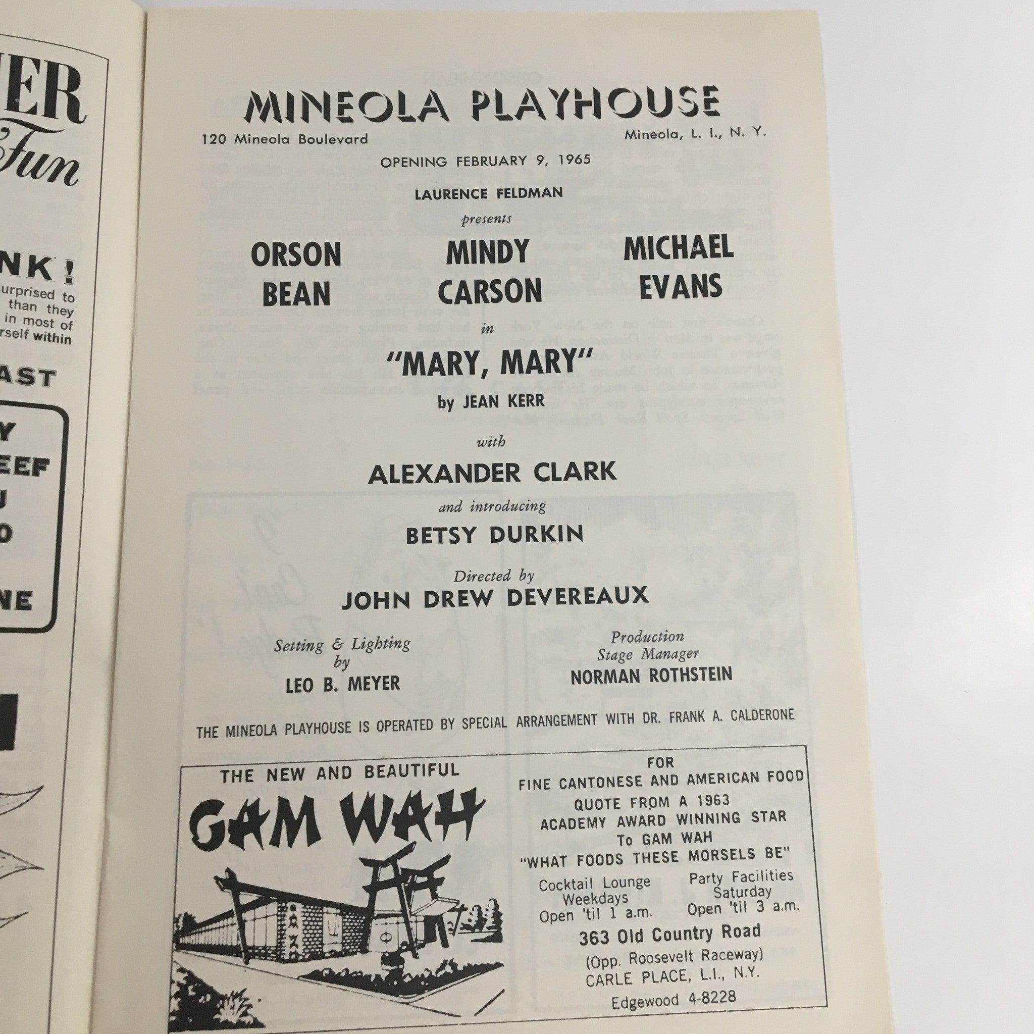 1963 Mineola Playhouse Present Orson Bean in Mary, Mary by Jean Kerr