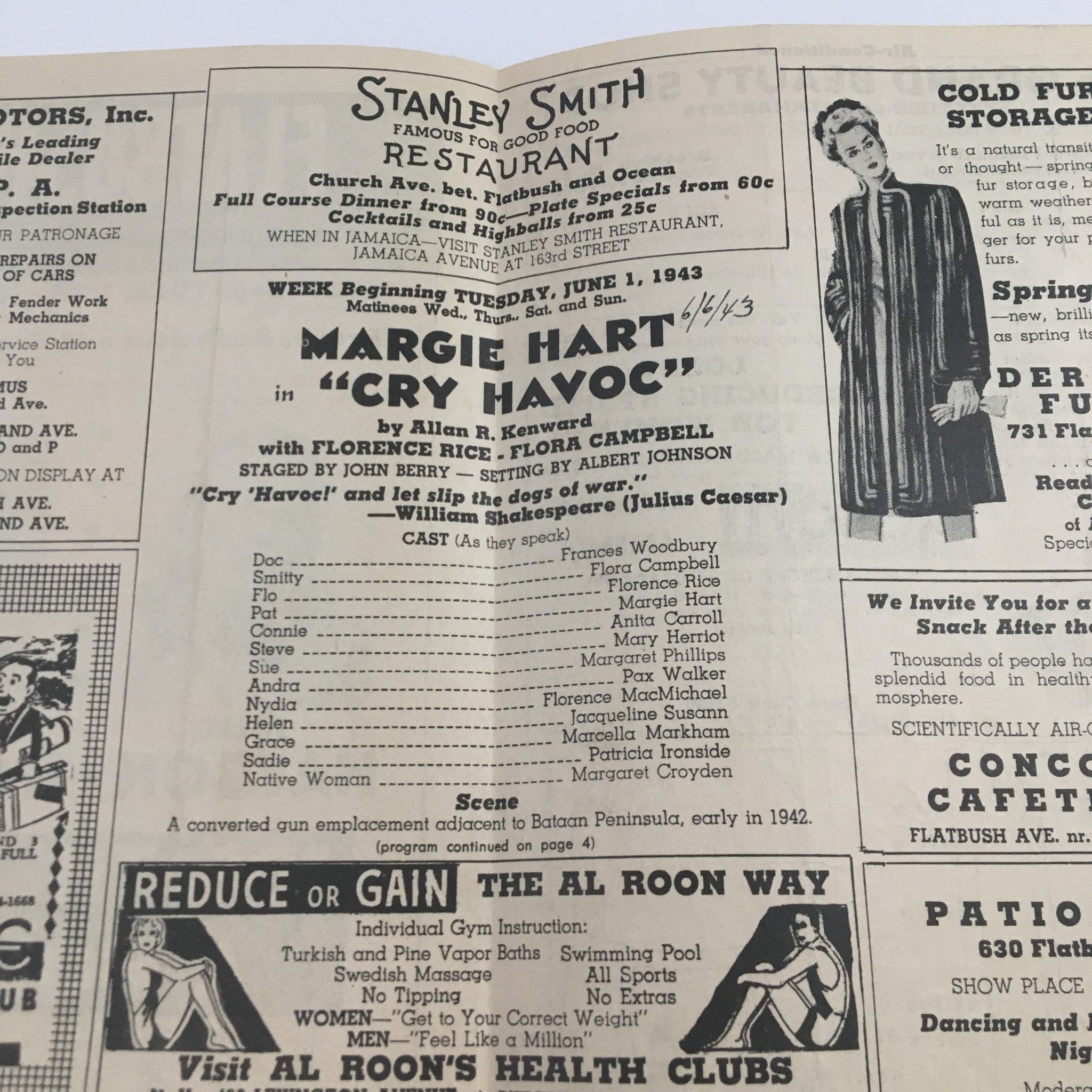 1943 Flatbush Theatre Bklyn Present Margie Hart in Cry Havoc by Allan Kenward